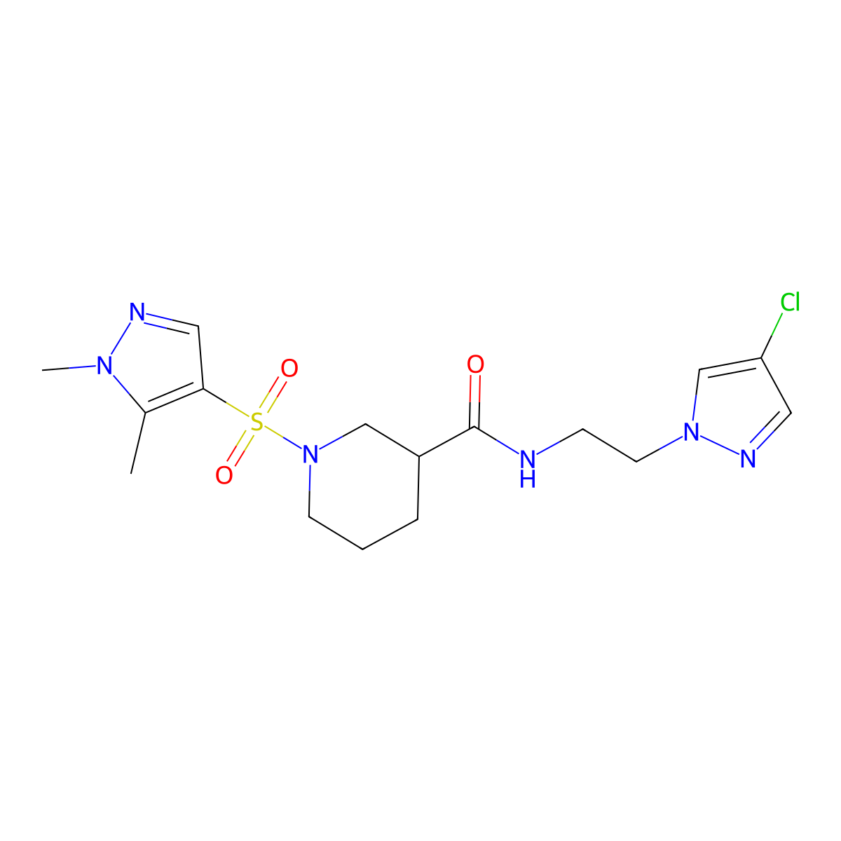 N-[2-(4-chloro-1H-pyrazol-1-yl)ethyl]-1-[(1,5-dimethyl-1H-pyrazol-4-yl)sulfonyl]piperidine-3-carboxamide molecular structure, CAS 1005595-88-9