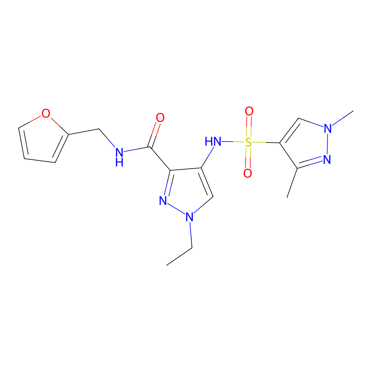 4-{[(1,3-dimethyl-1H-pyrazol-4-yl)sulfonyl]amino}-1-ethyl-N-(furan-2-ylmethyl)-1H-pyrazole-3-carboxamide molecular structure, CAS 1005595-97-0