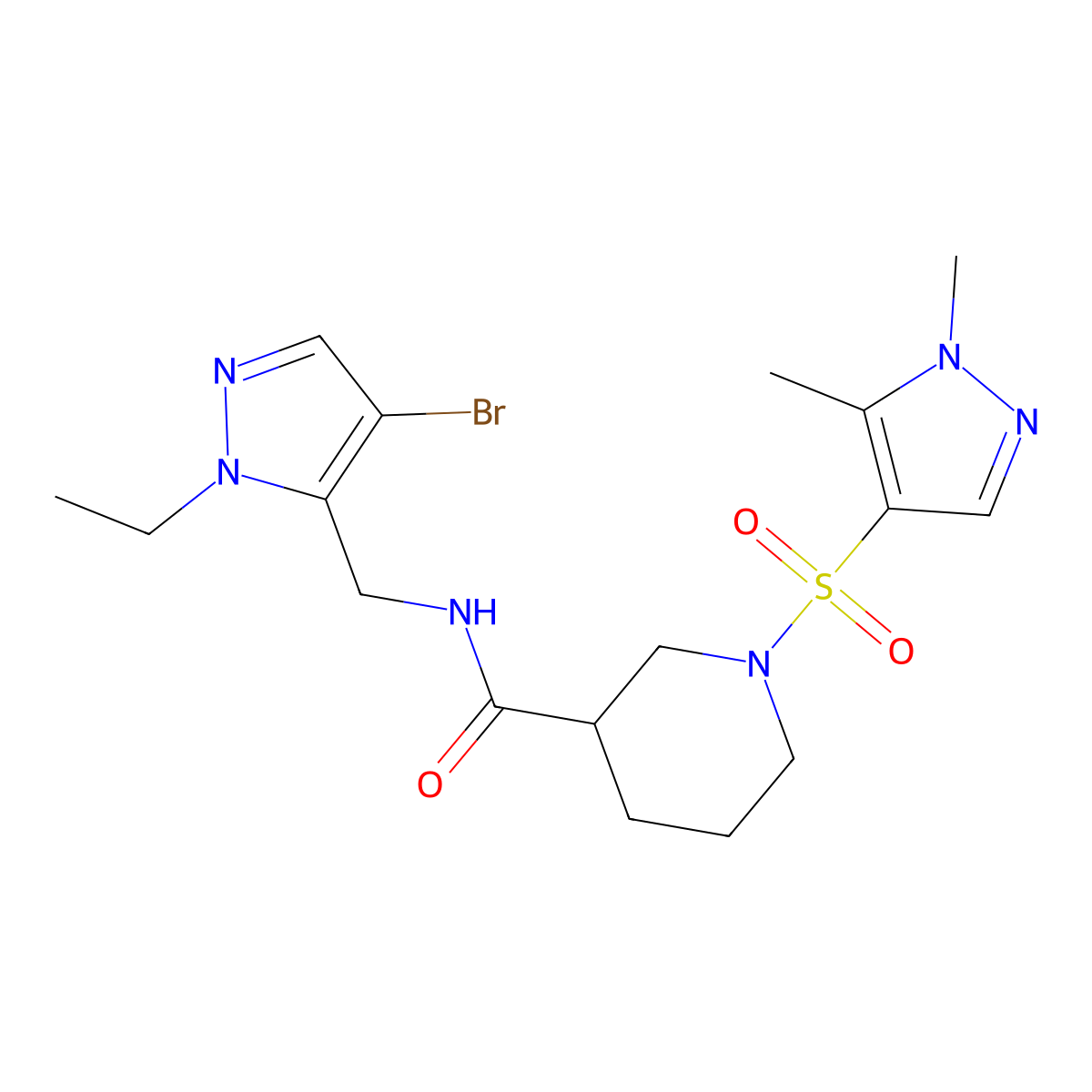 N-[(4-bromo-1-ethyl-1H-pyrazol-5-yl)methyl]-1-[(1,5-dimethyl-1H-pyrazol-4-yl)sulfonyl]piperidine-3-carboxamide molecular structure, CAS 1005596-06-4