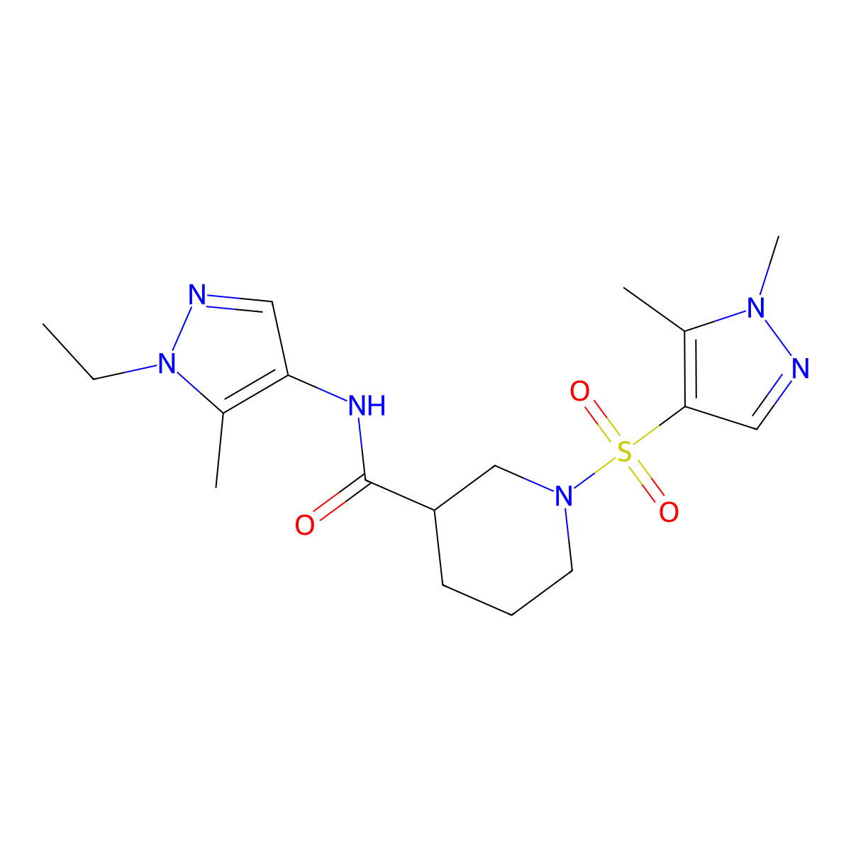 1-[(1,5-dimethyl-1H-pyrazol-4-yl)sulfonyl]-N-(1-ethyl-5-methyl-1H-pyrazol-4-yl)piperidine-3-carboxamide molecular structure, CAS 1005596-27-9