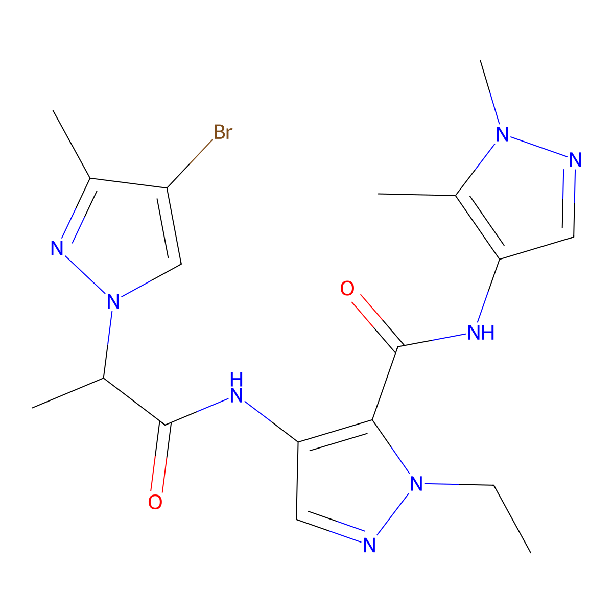 4-{[2-(4-bromo-3-methyl-1H-pyrazol-1-yl)propanoyl]amino}-N-(1,5-dimethyl-1H-pyrazol-4-yl)-1-ethyl-1H-pyrazole-5-carboxamide molecular structure, CAS 1005596-30-4