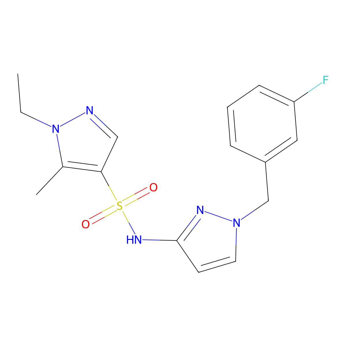 1-ethyl-N-[1-(3-fluorobenzyl)-1H-pyrazol-3-yl]-5-methyl-1H-pyrazole-4-sulfonamide molecular structure, CAS 1005596-34-8