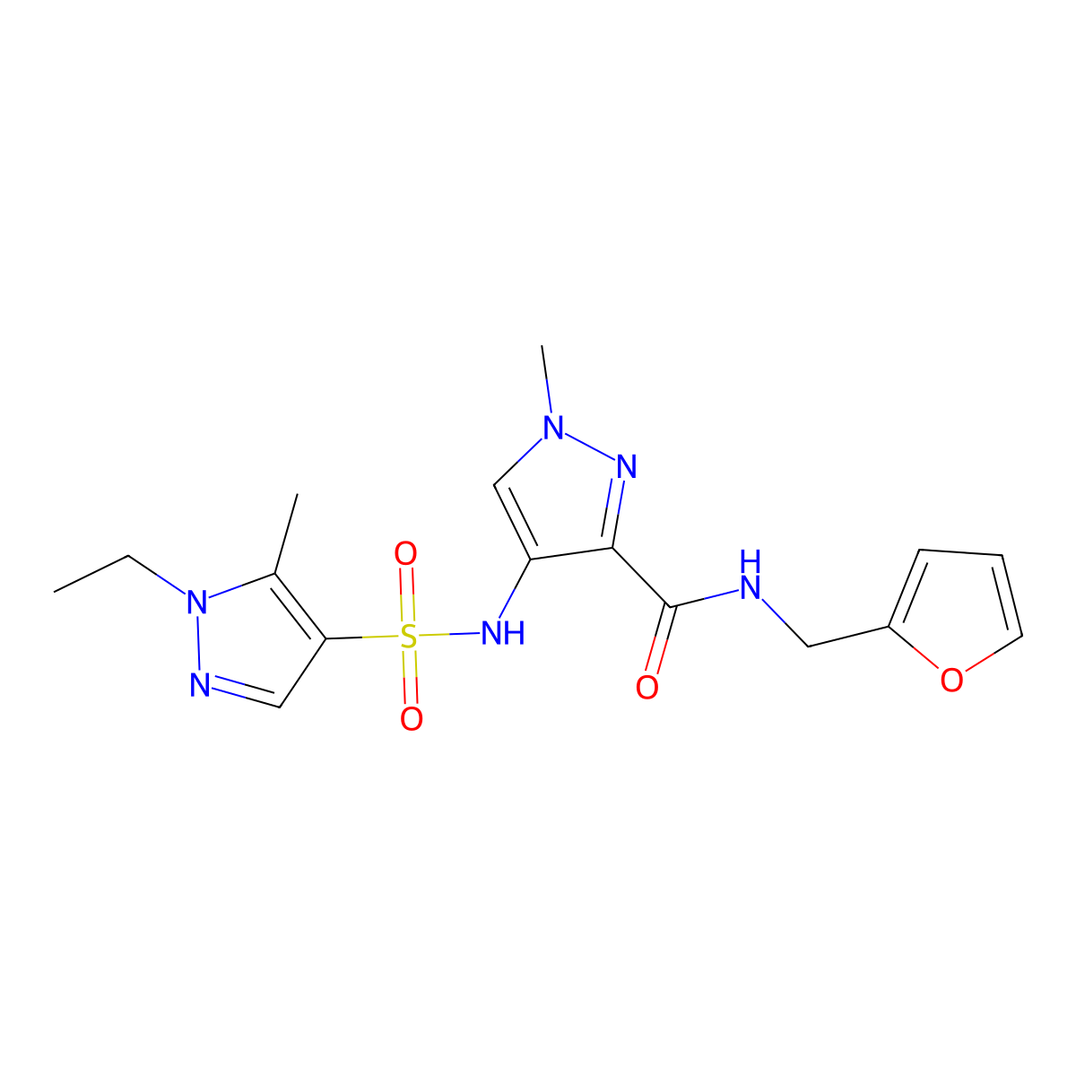 4-{[(1-ethyl-5-methyl-1H-pyrazol-4-yl)sulfonyl]amino}-N-(furan-2-ylmethyl)-1-methyl-1H-pyrazole-3-carboxamide molecular structure, CAS 1005596-40-6