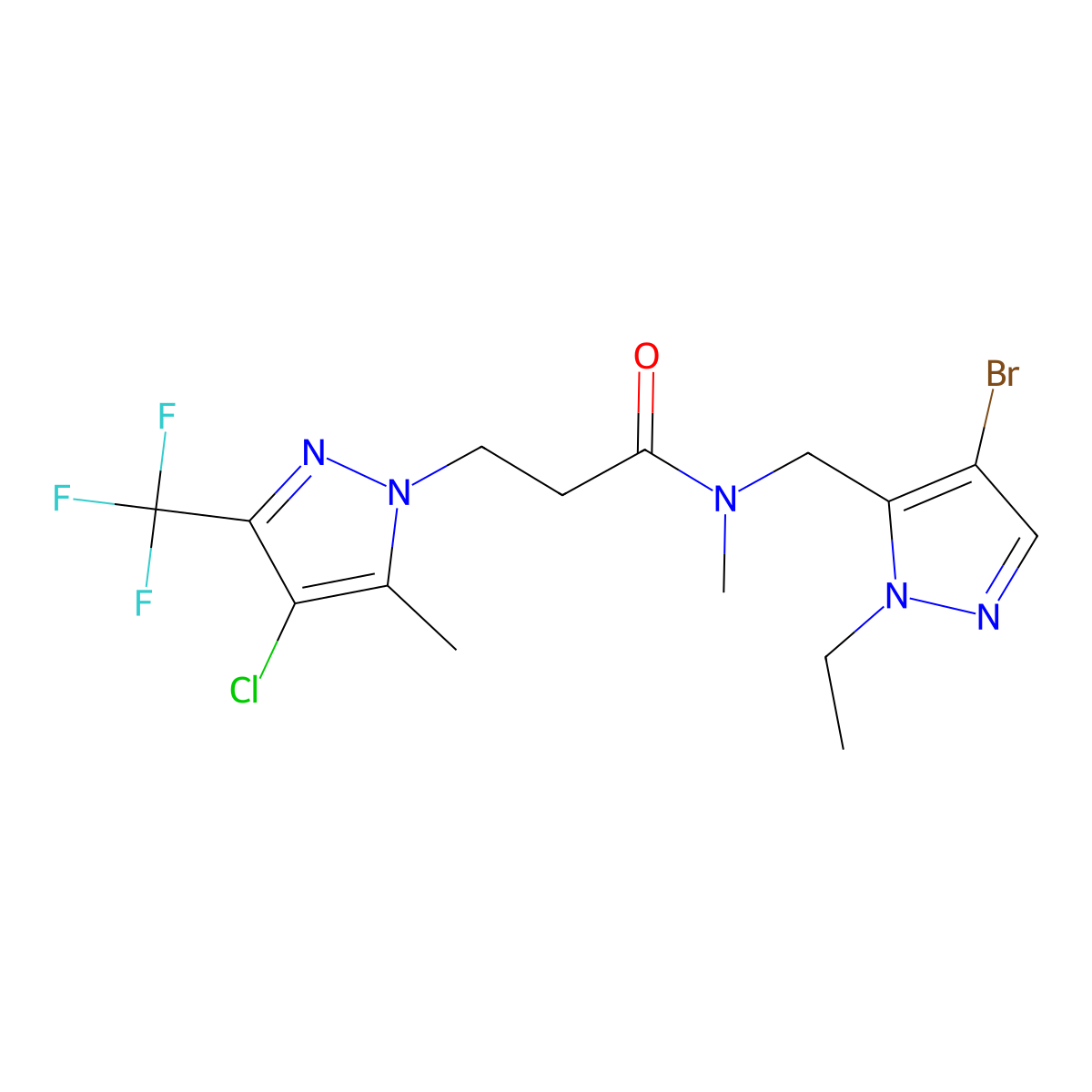 N-[(4-bromo-1-ethyl-1H-pyrazol-5-yl)methyl]-3-[4-chloro-5-methyl-3-(trifluoromethyl)-1H-pyrazol-1-yl]-N-methylpropanamide molecular structure, CAS 1005596-43-9