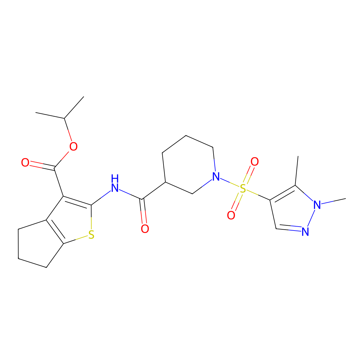 propan-2-yl 2-[({1-[(1,5-dimethyl-1H-pyrazol-4-yl)sulfonyl]piperidin-3-yl}carbonyl)amino]-5,6-dihydro-4H-cyclopenta[b]thiophene-3-carboxylate molecular structure, CAS 1005596-66-6
