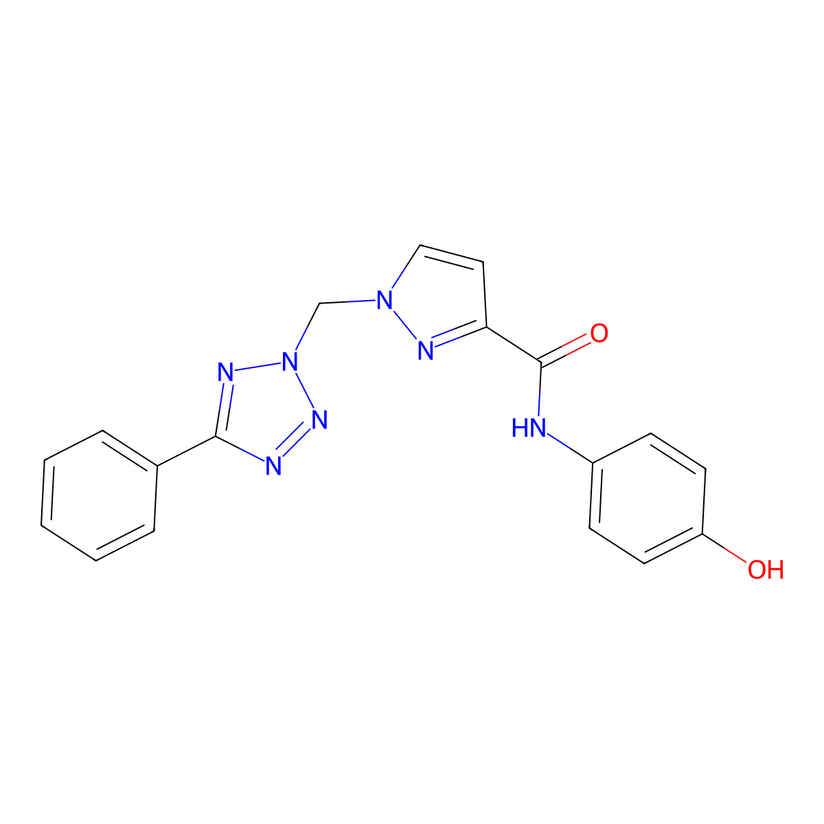 N-(4-hydroxyphenyl)-1-[(5-phenyltetrazol-2-yl)methyl]pyrazole-3-carboxamide molecular structure, CAS 1005597-21-6