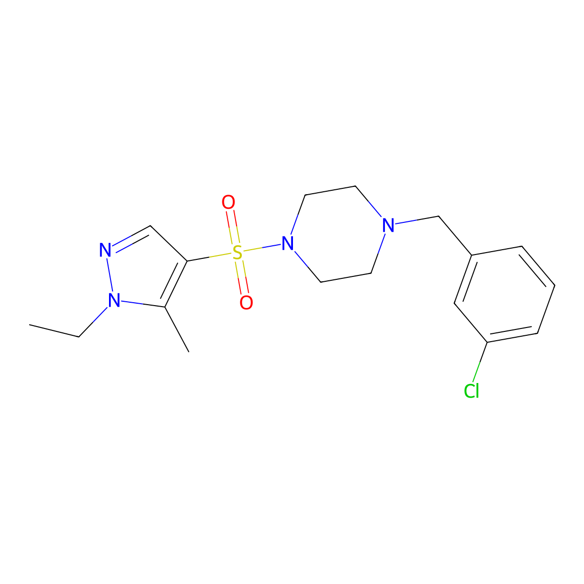 1-(3-chlorobenzyl)-4-[(1-ethyl-5-methyl-1H-pyrazol-4-yl)sulfonyl]piperazine molecular structure, CAS 1005597-22-7