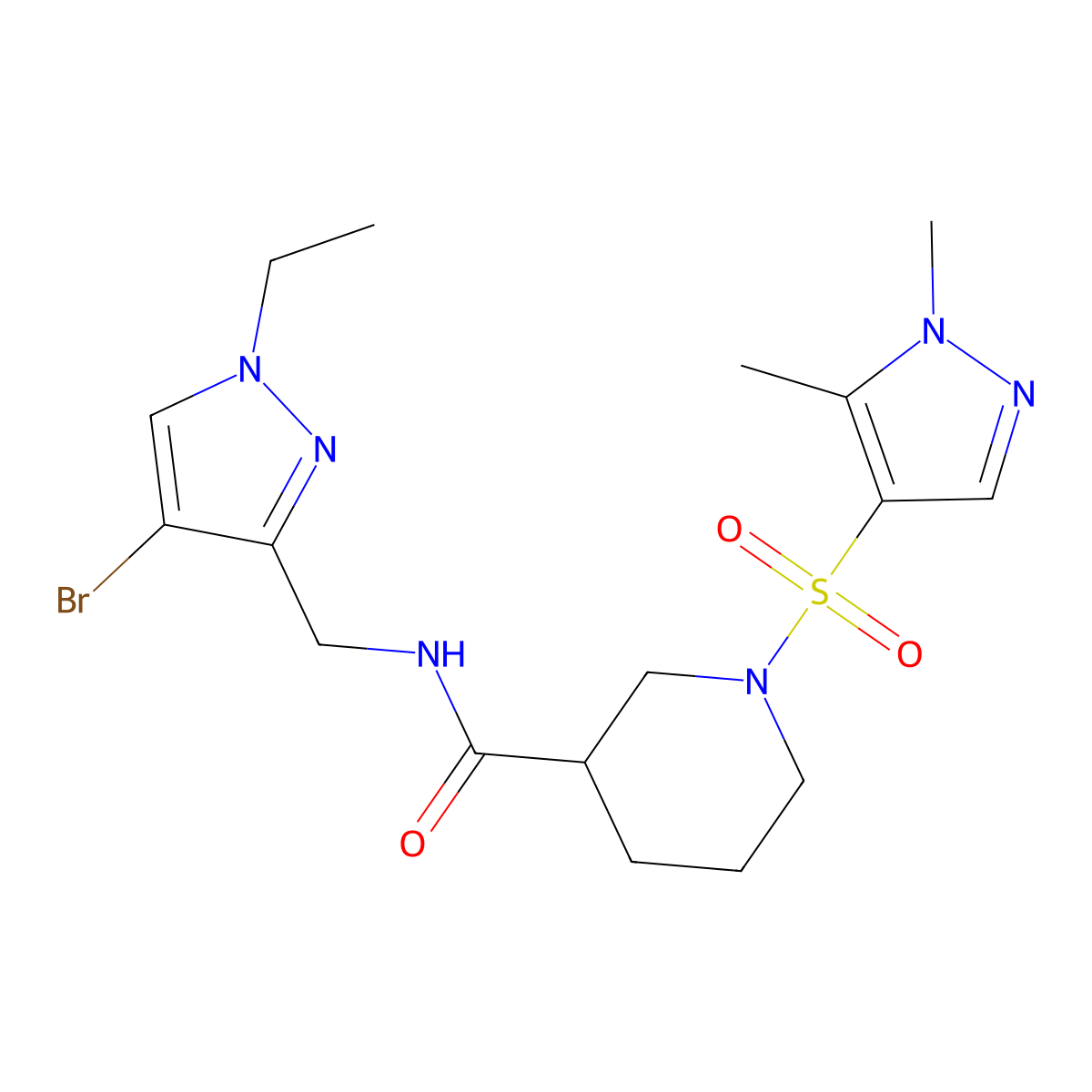 N-[(4-bromo-1-ethyl-1H-pyrazol-3-yl)methyl]-1-[(1,5-dimethyl-1H-pyrazol-4-yl)sulfonyl]piperidine-3-carboxamide molecular structure, CAS 1005597-25-0