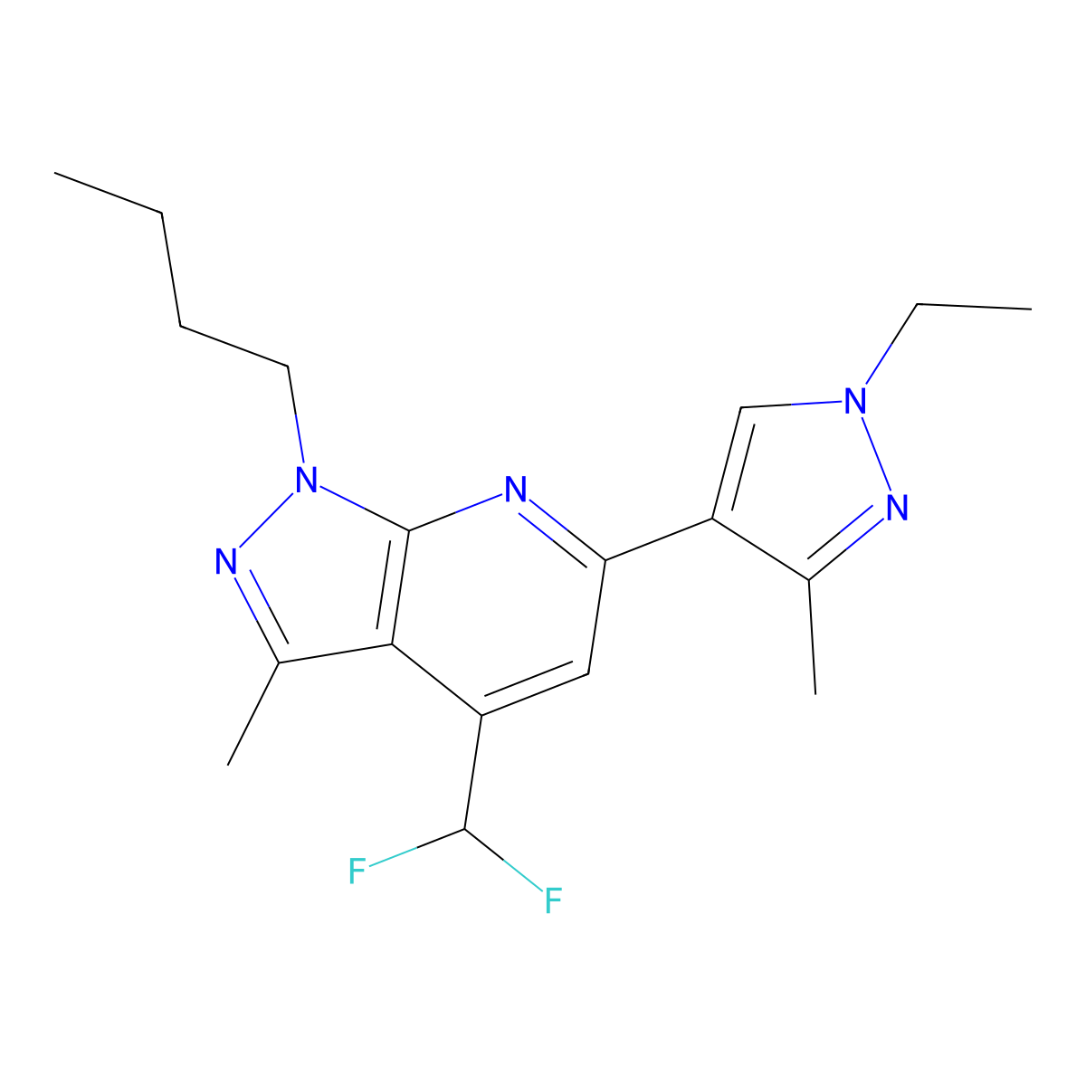1-butyl-4-(difluoromethyl)-6-(1-ethyl-3-methyl-1H-pyrazol-4-yl)-3-methyl-1H-pyrazolo[3,4-b]pyridine molecular structure, CAS 1005597-58-9