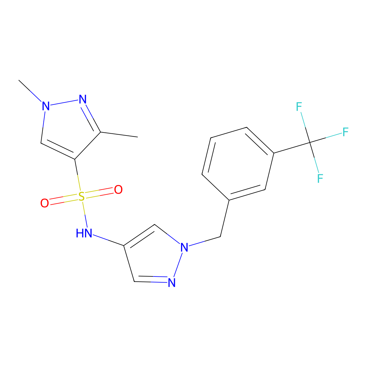 1,3-dimethyl-N-{1-[3-(trifluoromethyl)benzyl]-1H-pyrazol-4-yl}-1H-pyrazole-4-sulfonamide molecular structure, CAS 1005597-61-4