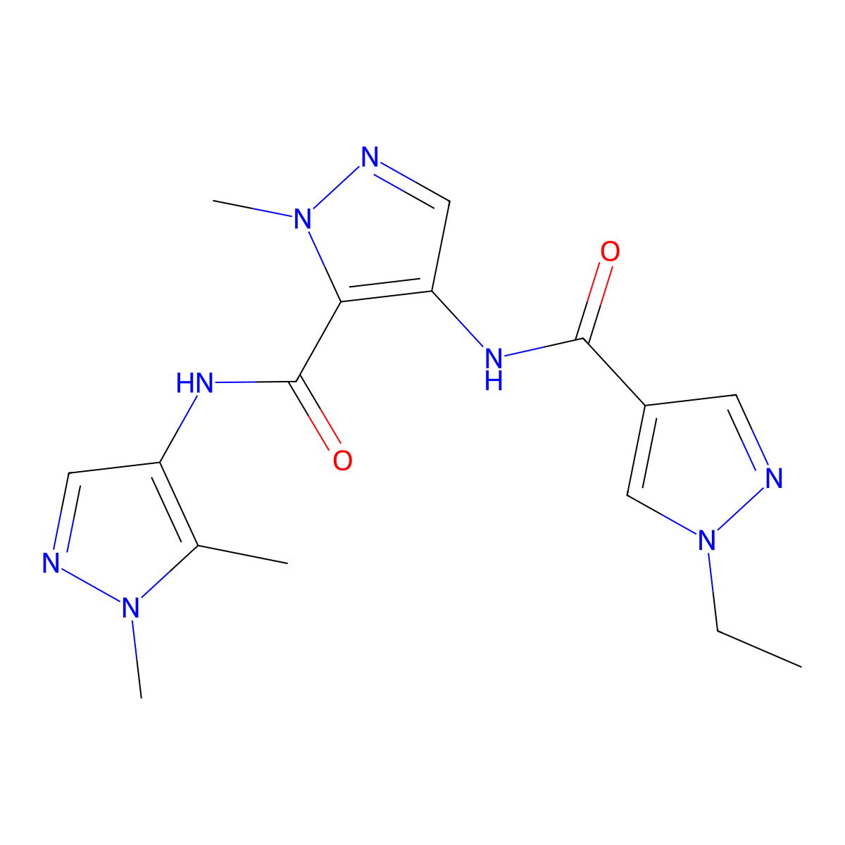 N-{5-[(1,5-dimethyl-1H-pyrazol-4-yl)carbamoyl]-1-methyl-1H-pyrazol-4-yl}-1-ethyl-1H-pyrazole-4-carboxamide molecular structure, CAS 1005597-67-0