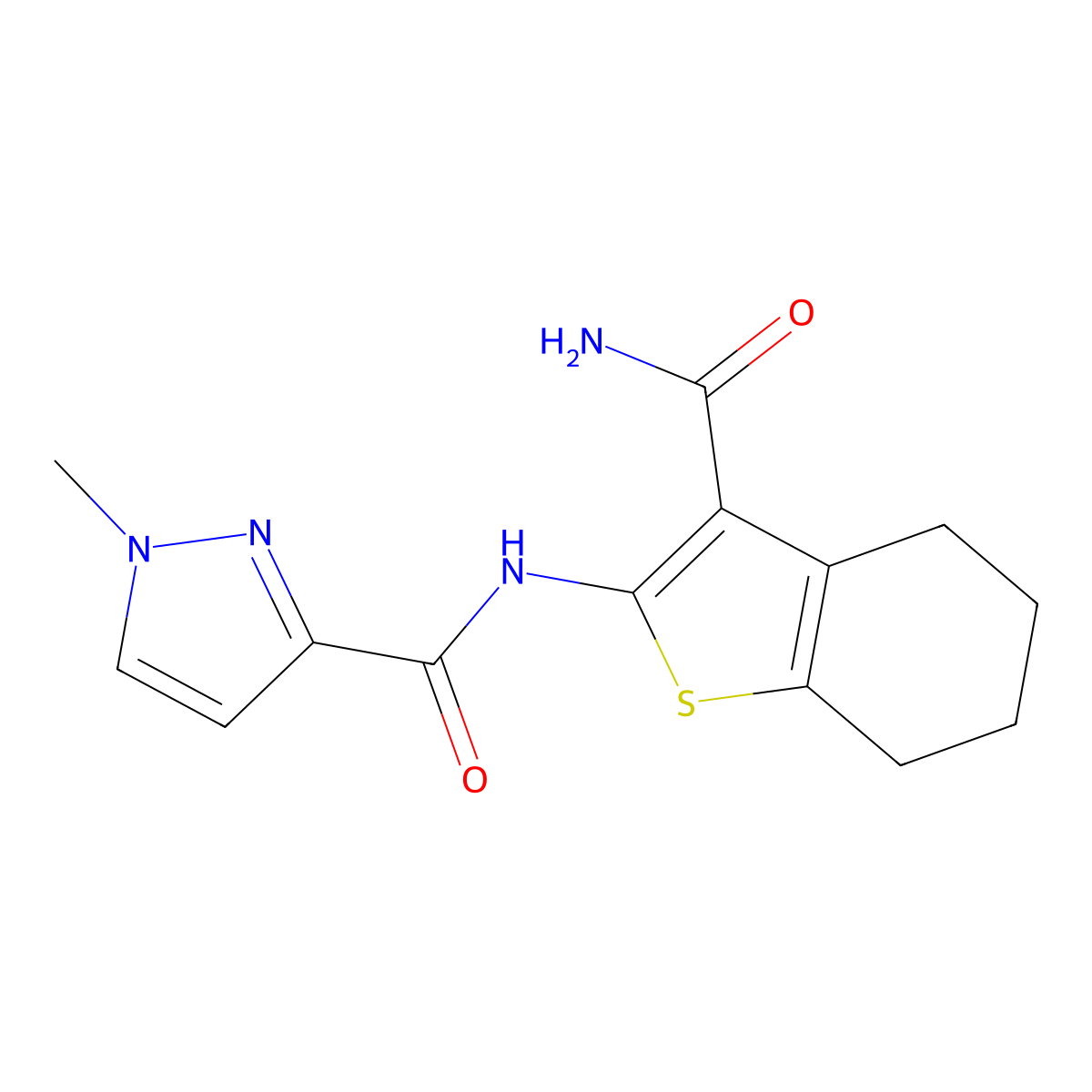 N-(3-carbamoyl-4,5,6,7-tetrahydro-1-benzothiophen-2-yl)-1-methyl-1H-pyrazole-3-carboxamide molecular structure, CAS 1005597-95-4