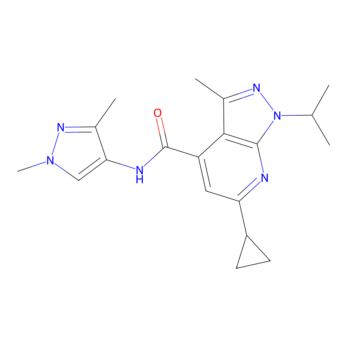 6-cyclopropyl-N-(1,3-dimethyl-1H-pyrazol-4-yl)-3-methyl-1-(propan-2-yl)-1H-pyrazolo[3,4-b]pyridine-4-carboxamide molecular structure, CAS 1005598-02-6
