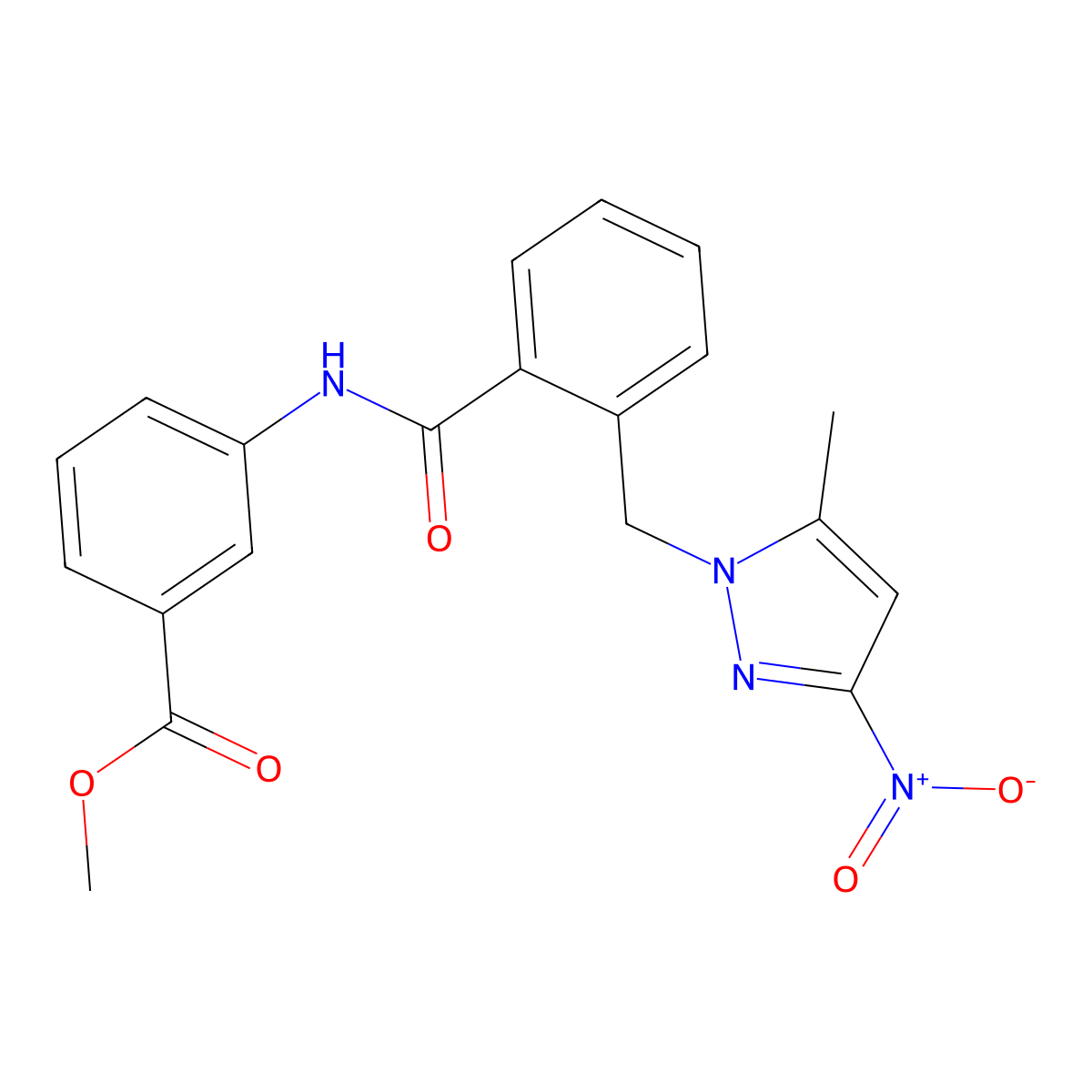 methyl 3-[({2-[(5-methyl-3-nitro-1H-pyrazol-1-yl)methyl]phenyl}carbonyl)amino]benzoate molecular structure, CAS 1005598-39-9