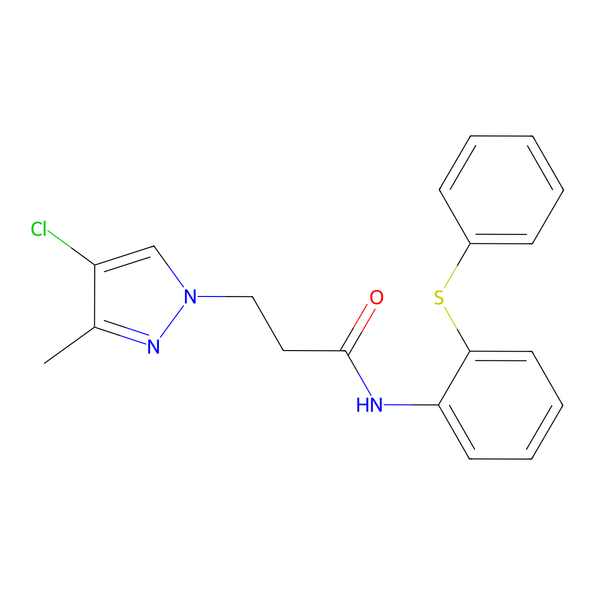 3-(4-chloro-3-methylpyrazol-1-yl)-N-(2-phenylsulfanylphenyl)propanamide molecular structure, CAS 1005598-60-6