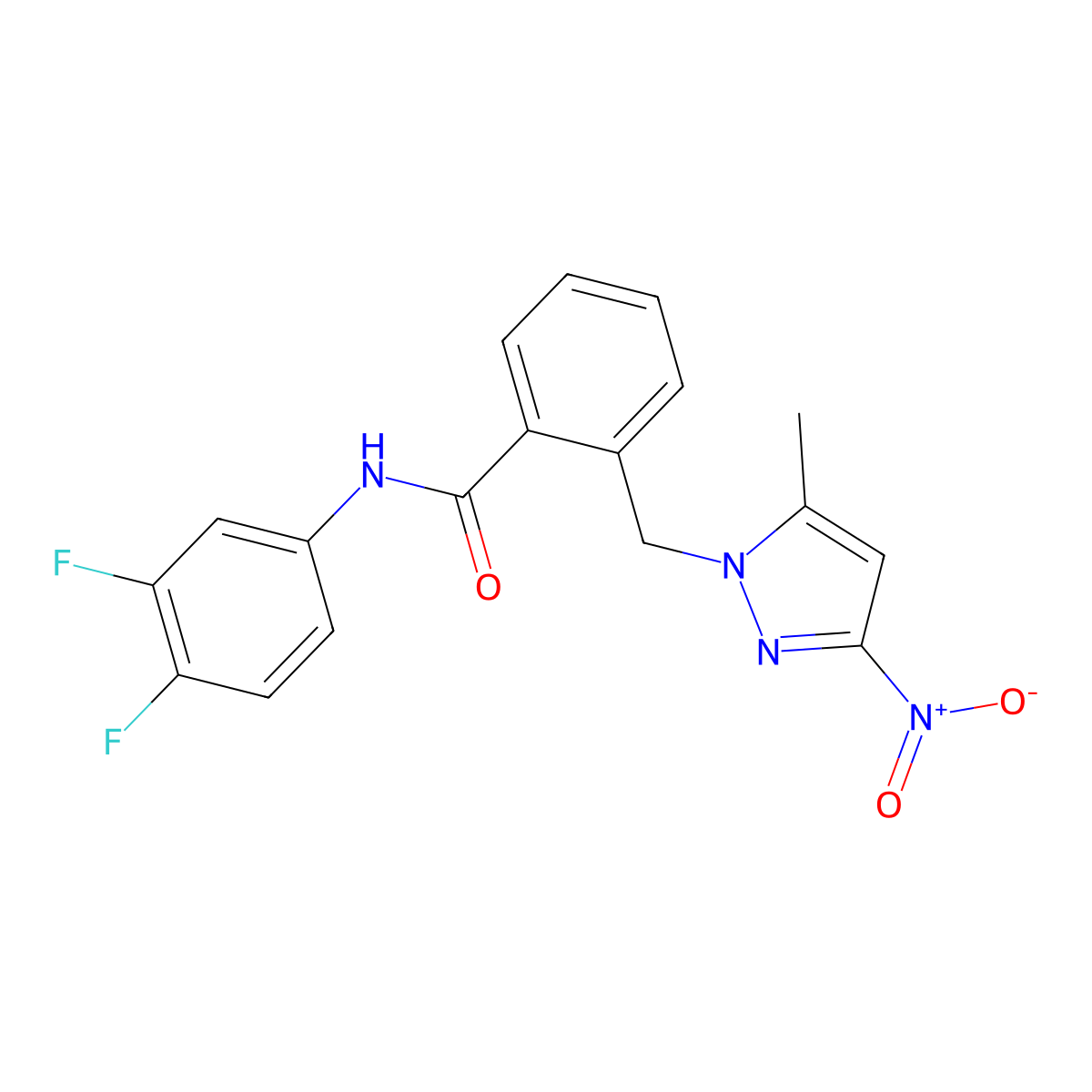 N-(3,4-difluorophenyl)-2-[(5-methyl-3-nitro-1H-pyrazol-1-yl)methyl]benzamide molecular structure, CAS 1005598-61-7
