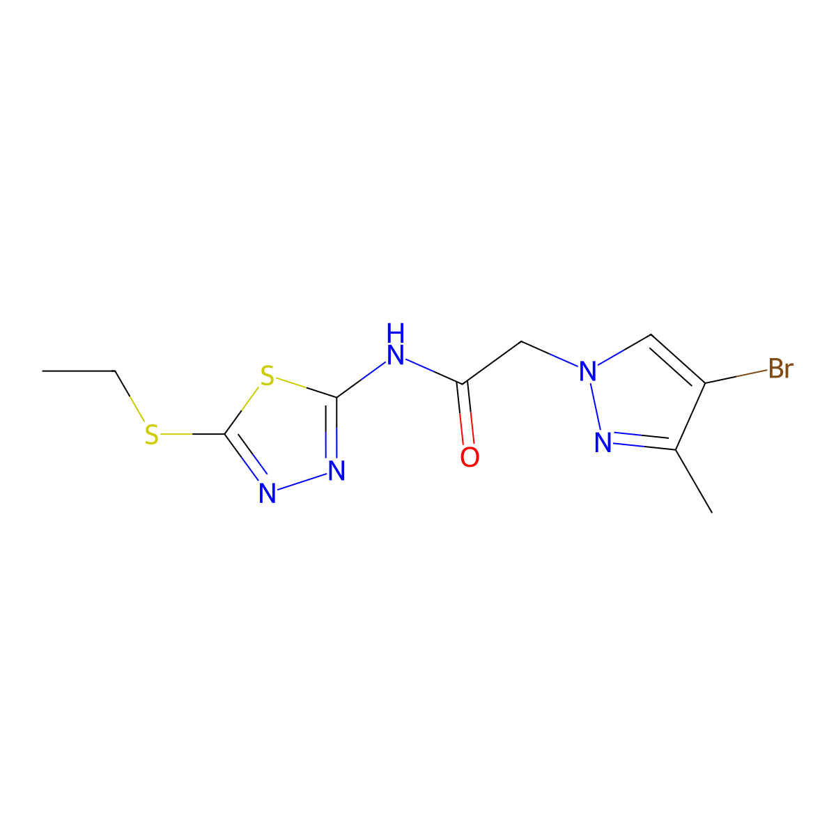 2-(4-bromo-3-methylpyrazol-1-yl)-N-(5-ethylsulfanyl-1,3,4-thiadiazol-2-yl)acetamide molecular structure, CAS 1005599-20-1