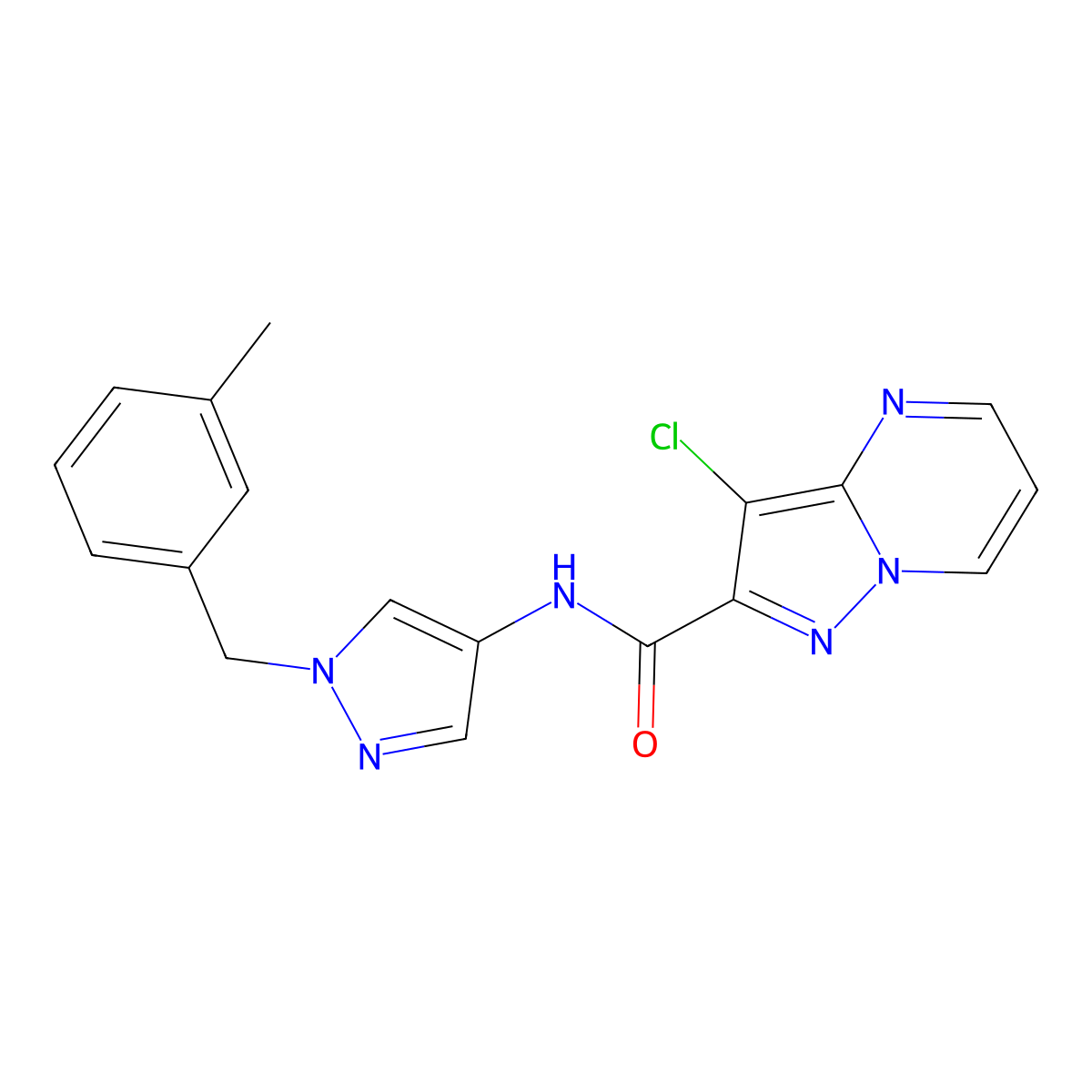 3-chloro-N-[1-[(3-methylphenyl)methyl]pyrazol-4-yl]pyrazolo[1,5-a]pyrimidine-2-carboxamide molecular structure, CAS 1005599-24-5