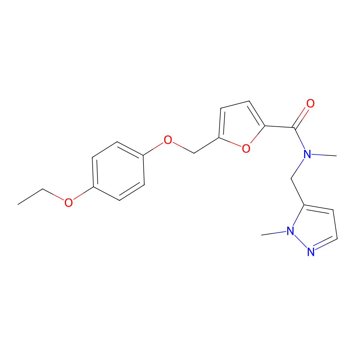 5-[(4-ethoxyphenoxy)methyl]-N-methyl-N-[(2-methylpyrazol-3-yl)methyl]furan-2-carboxamide molecular structure, CAS 1005599-31-4