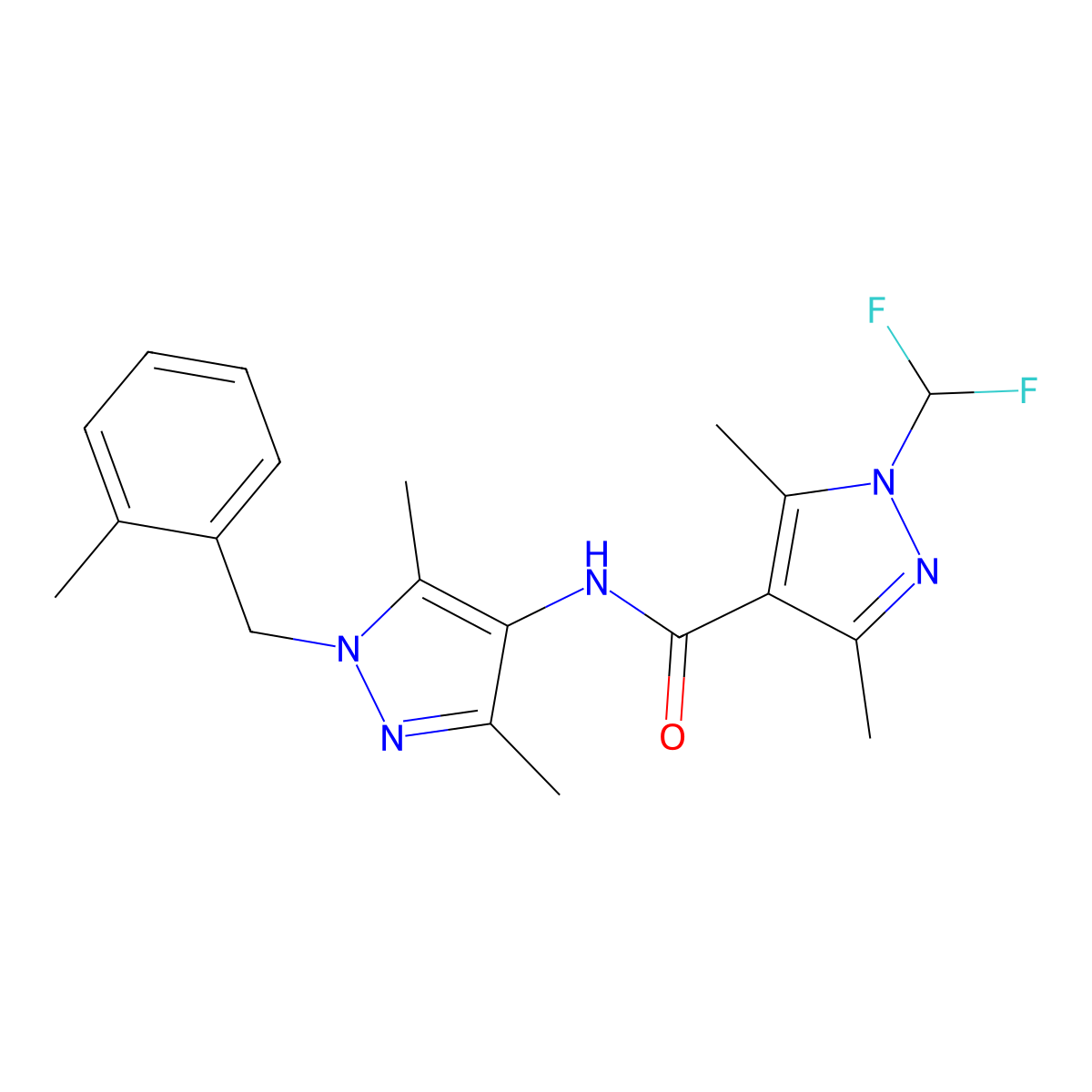 1-(difluoromethyl)-N-[3,5-dimethyl-1-(2-methylbenzyl)-1H-pyrazol-4-yl]-3,5-dimethyl-1H-pyrazole-4-carboxamide molecular structure, CAS 1005599-88-1