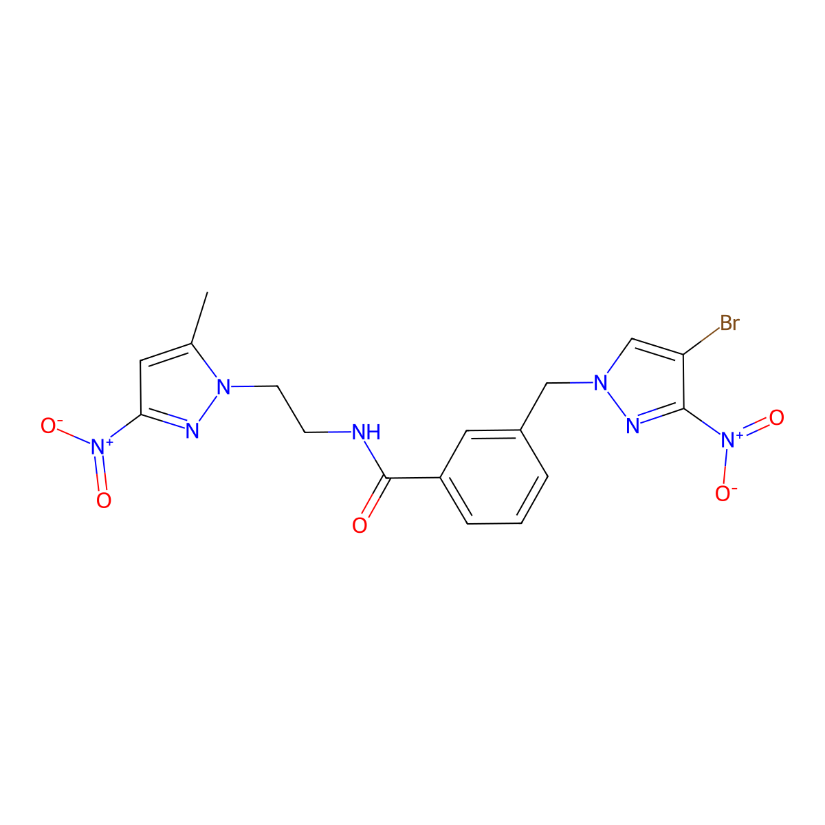 3-[(4-bromo-3-nitropyrazol-1-yl)methyl]-N-[2-(5-methyl-3-nitropyrazol-1-yl)ethyl]benzamide molecular structure, CAS 1005600-06-5