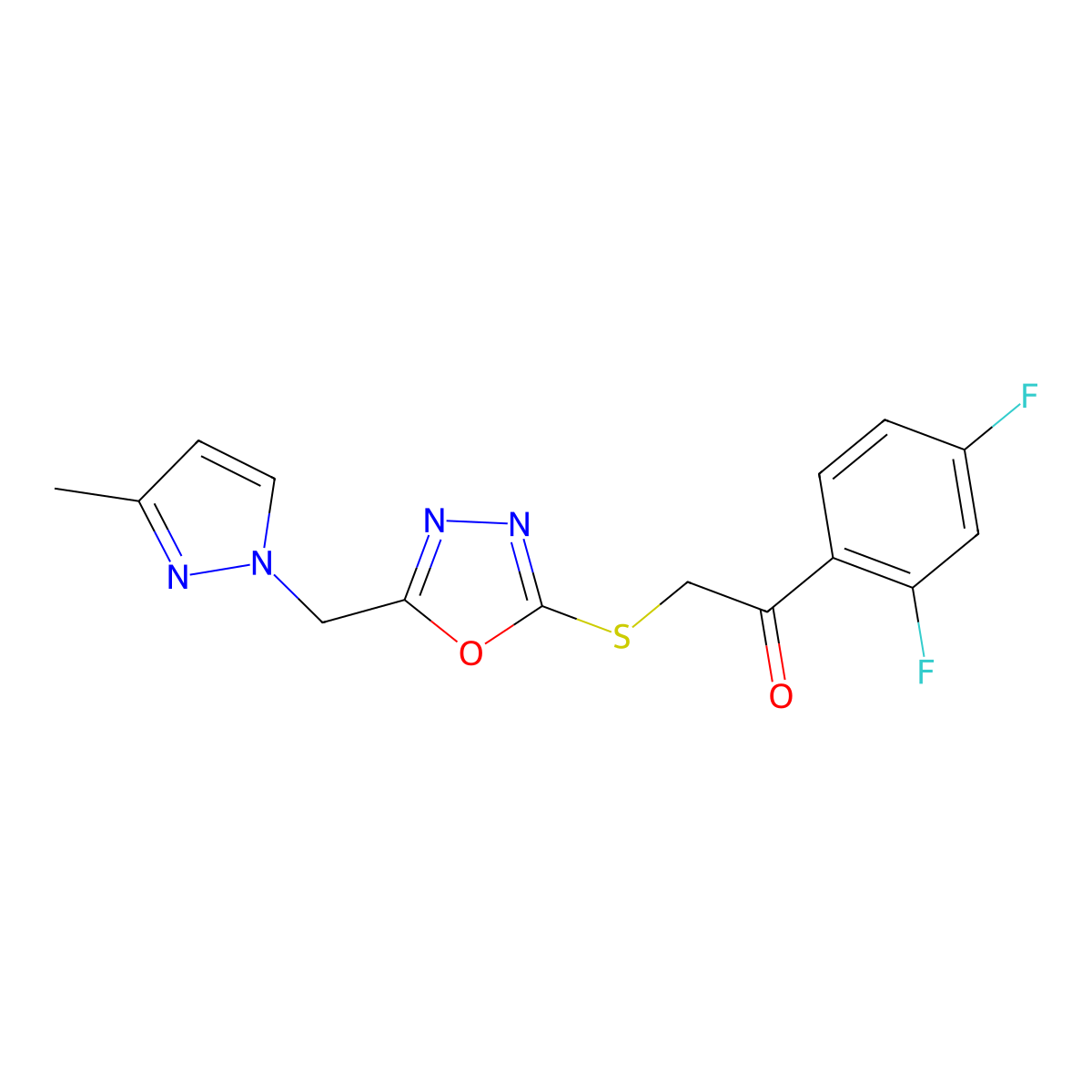 1-(2,4-difluorophenyl)-2-({5-[(3-methyl-1H-pyrazol-1-yl)methyl]-1,3,4-oxadiazol-2-yl}sulfanyl)ethanone molecular structure, CAS 1005600-10-1