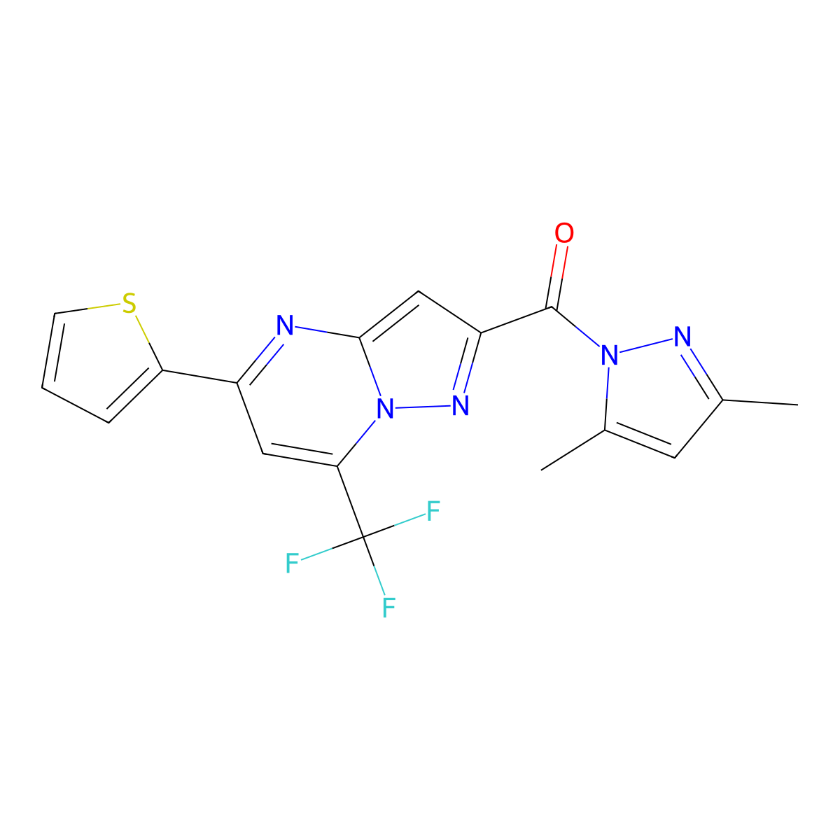 (3,5-Dimethylpyrazol-1-yl)-[5-thiophen-2-yl-7-(trifluoromethyl)pyrazolo[1,5-a]pyrimidin-2-yl]methanone molecular structure, CAS 1005600-16-7