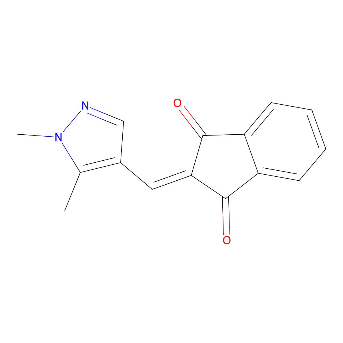 2-((1,5-dimethyl-1H-pyrazol-4-yl)methylene)-1H-indene-1,3(2H)-dione molecular structure, CAS 1005601-16-0