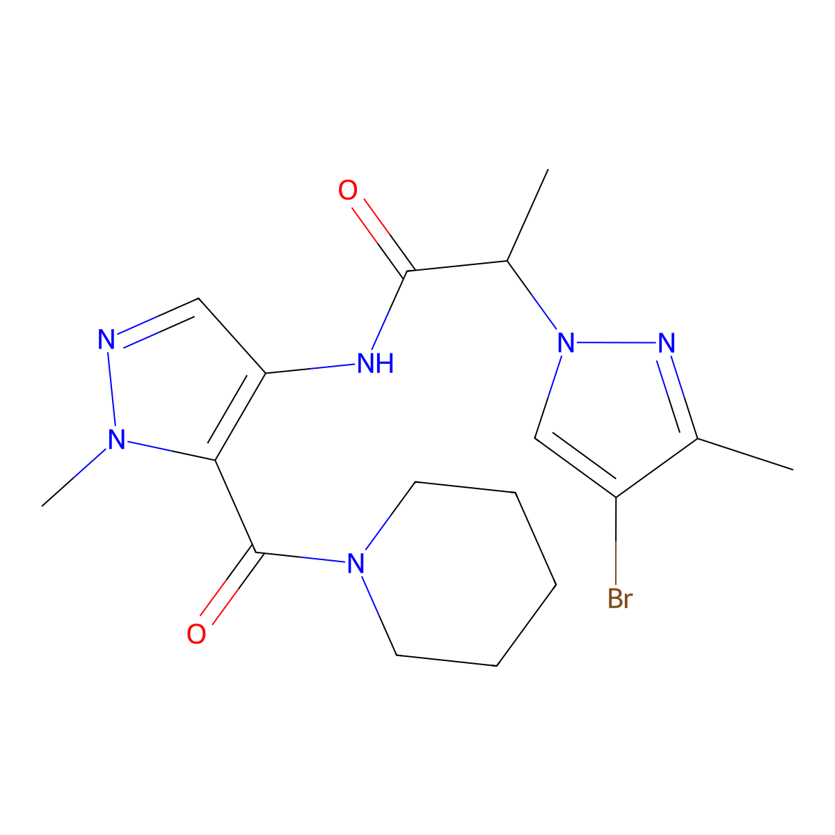 2-(4-bromo-3-methyl-1H-pyrazol-1-yl)-N-[1-methyl-5-(piperidin-1-ylcarbonyl)-1H-pyrazol-4-yl]propanamide molecular structure, CAS 1005601-30-8