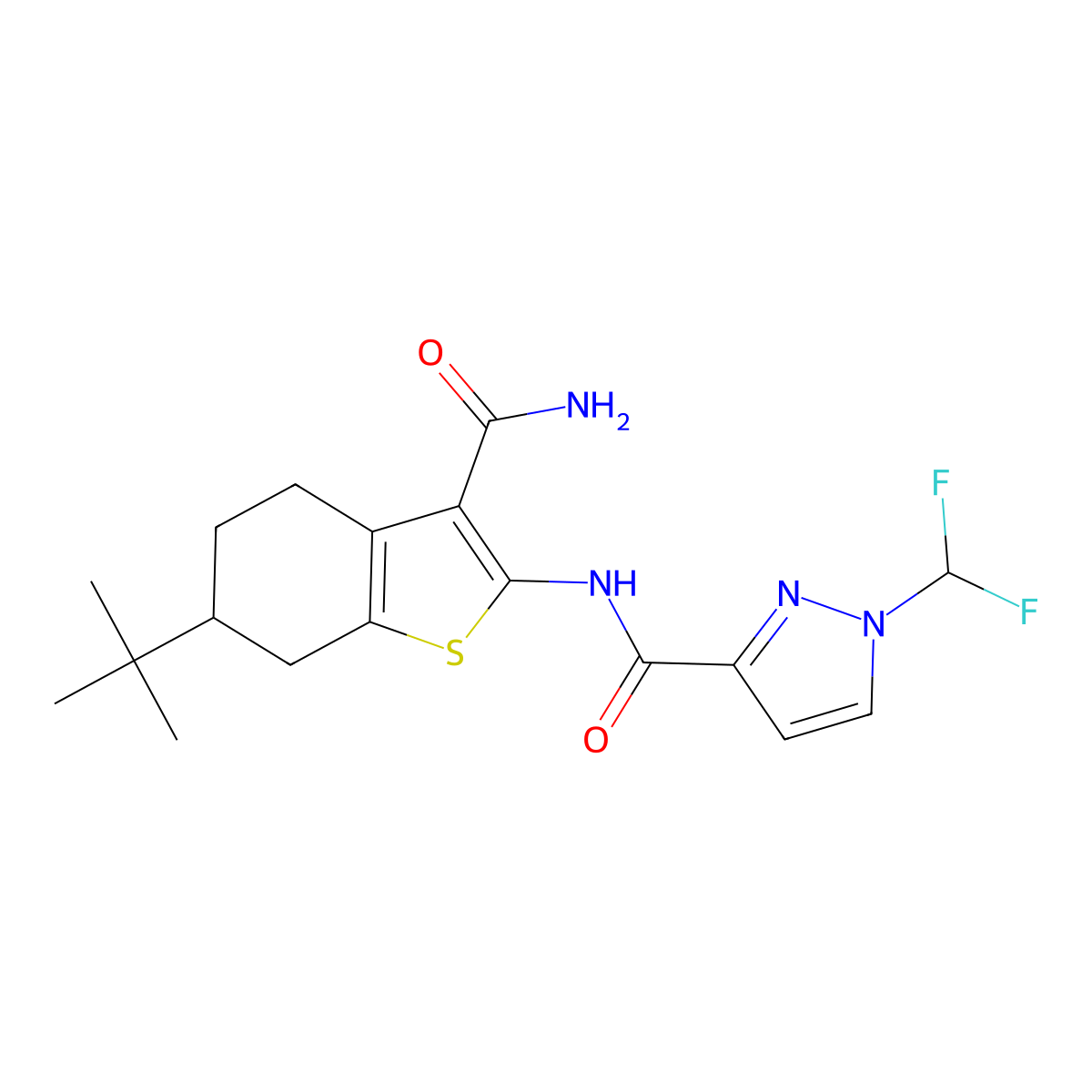 N-(6-tert-butyl-3-carbamoyl-4,5,6,7-tetrahydro-1-benzothiophen-2-yl)-1-(difluoromethyl)pyrazole-3-carboxamide molecular structure, CAS 1005601-75-1