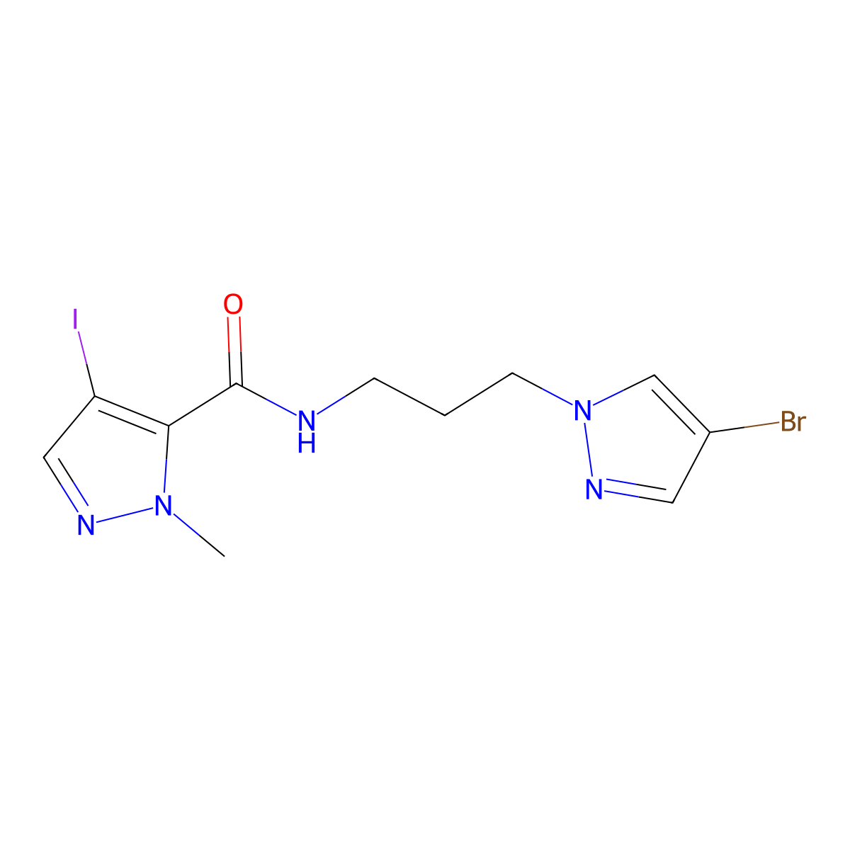 N-[3-(4-bromopyrazol-1-yl)propyl]-4-iodo-2-methylpyrazole-3-carboxamide molecular structure, CAS 1005602-35-6