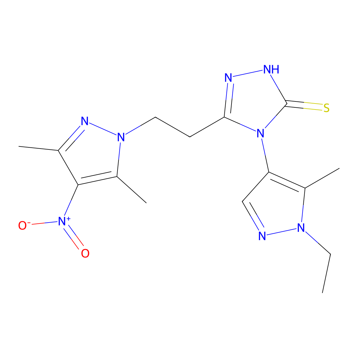 3-[2-(3,5-dimethyl-4-nitropyrazol-1-yl)ethyl]-4-(1-ethyl-5-methylpyrazol-4-yl)-1H-1,2,4-triazole-5-thione molecular structure, CAS 1005602-37-8