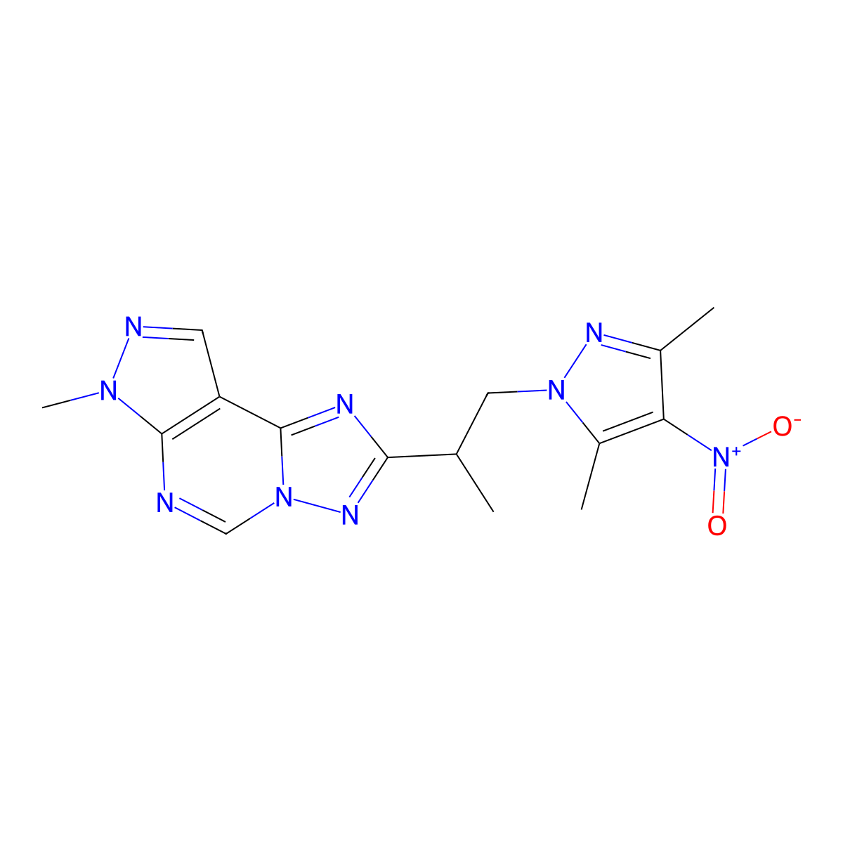 2-(1-(3,5-dimethyl-4-nitro-1H-pyrazol-1-yl)propan-2-yl)-7-methyl-7H-pyrazolo[4,3-e][1,2,4]triazolo[1,5-c]pyrimidine molecular structure, CAS 1005602-52-7