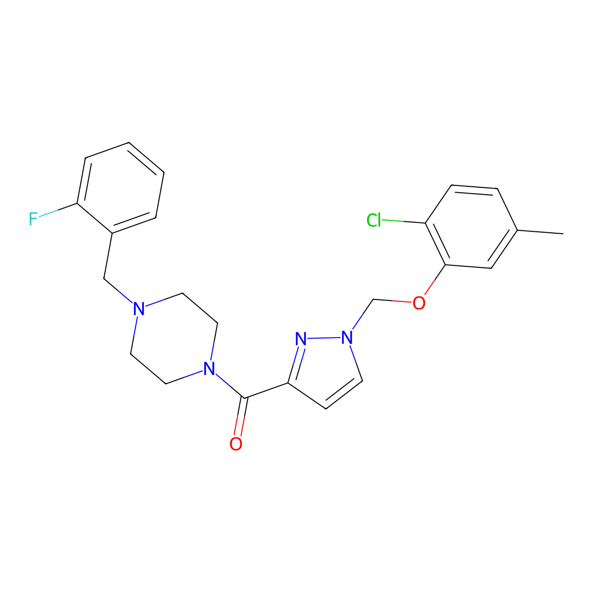 [1-[(2-Chloro-5-methylphenoxy)methyl]pyrazol-3-yl]-[4-[(2-fluorophenyl)methyl]piperazin-1-yl]methanone molecular structure, CAS 1005602-76-5