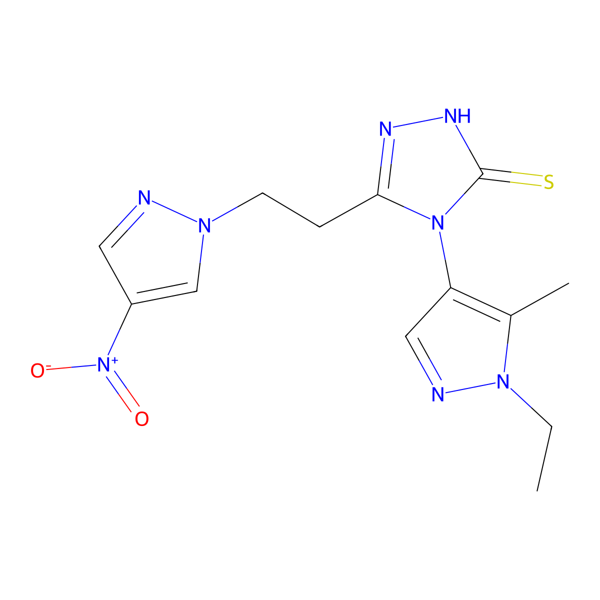 4-(1-ethyl-5-methylpyrazol-4-yl)-3-[2-(4-nitropyrazol-1-yl)ethyl]-1H-1,2,4-triazole-5-thione molecular structure, CAS 1005603-10-0