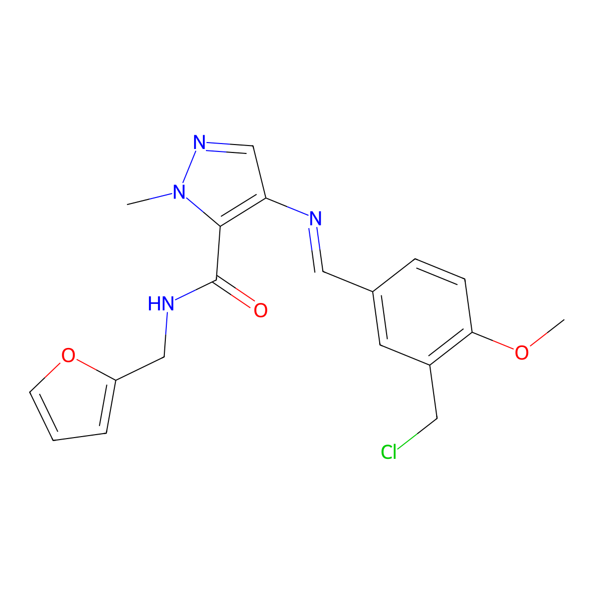 4-({(E)-[3-(chloromethyl)-4-methoxyphenyl]methylidene}amino)-N-(furan-2-ylmethyl)-1-methyl-1H-pyrazole-5-carboxamide molecular structure, CAS 1005603-81-5