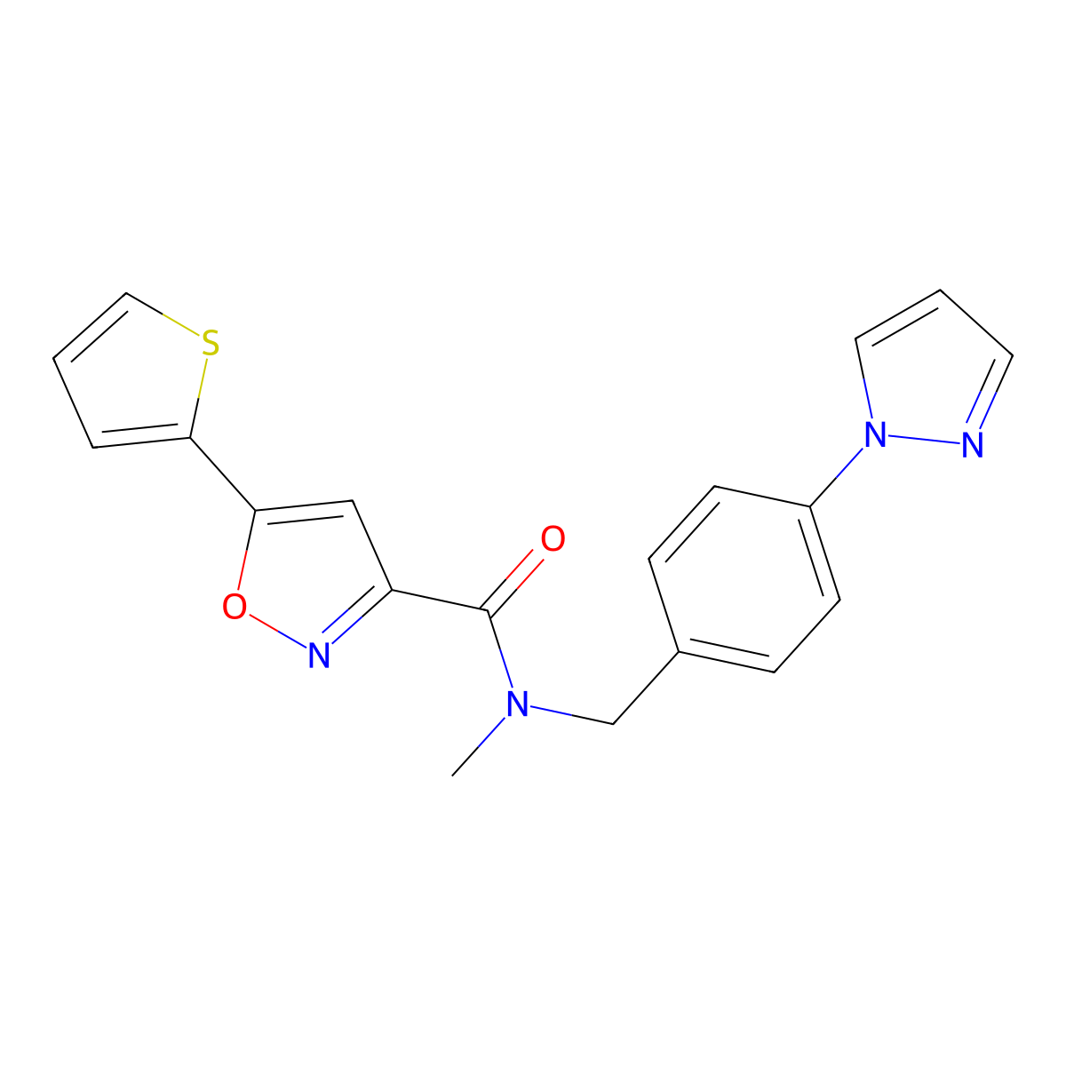 N-methyl-N-[4-(1H-pyrazol-1-yl)benzyl]-5-(thiophen-2-yl)-1,2-oxazole-3-carboxamide molecular structure, CAS 1005603-97-3
