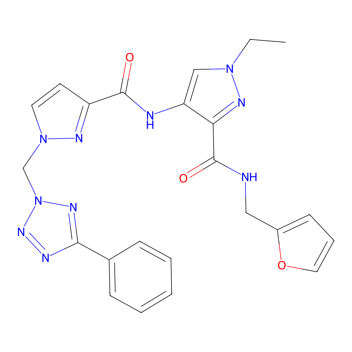 1-ethyl-N-(furan-2-ylmethyl)-4-[({1-[(5-phenyl-2H-tetrazol-2-yl)methyl]-1H-pyrazol-3-yl}carbonyl)amino]-1H-pyrazole-3-carboxamide molecular structure, CAS 1005604-34-1