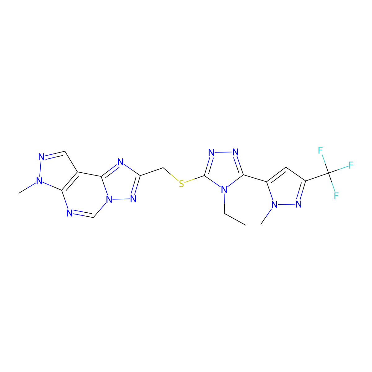 2-[({4-ethyl-5-[1-methyl-3-(trifluoromethyl)-1H-pyrazol-5-yl]-4H-1,2,4-triazol-3-yl}sulfanyl)methyl]-7-methyl-7H-pyrazolo[4,3-e][1,2,4]triazolo[1,5-c]pyrimidine molecular structure, CAS 1005604-37-4