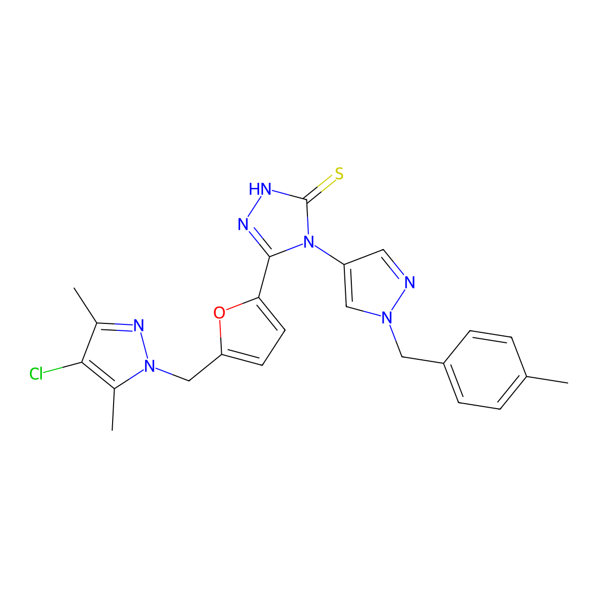 5-{5-[(4-chloro-3,5-dimethyl-1H-pyrazol-1-yl)methyl]furan-2-yl}-4-[1-(4-methylbenzyl)-1H-pyrazol-4-yl]-4H-1,2,4-triazole-3-thiol molecular structure, CAS 1005604-39-6