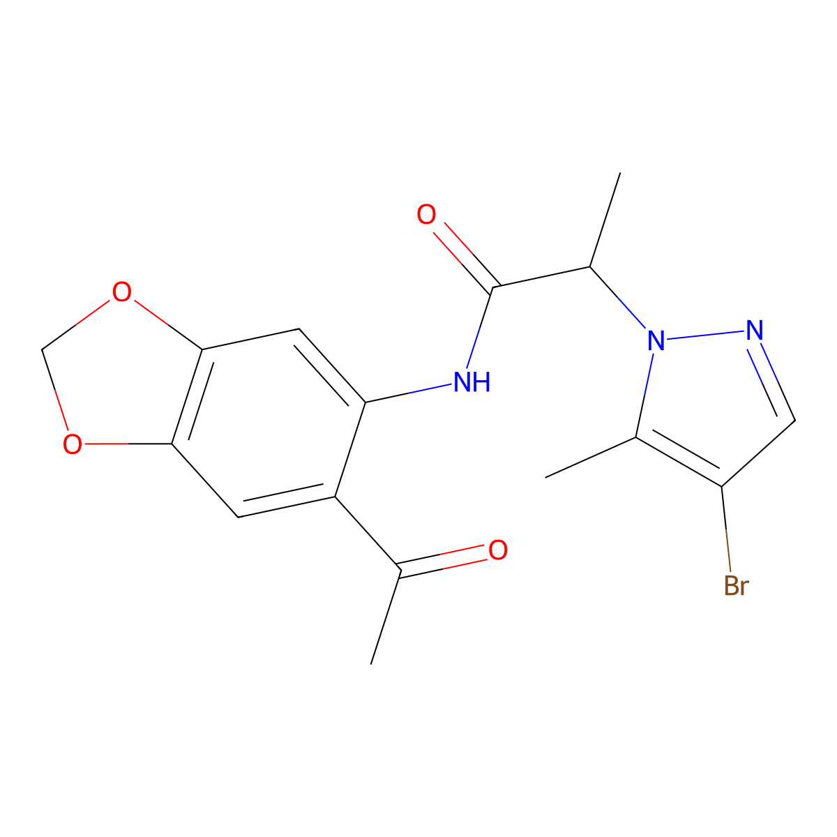 N-(6-acetyl-1,3-benzodioxol-5-yl)-2-(4-bromo-5-methyl-1H-pyrazol-1-yl)propanamide molecular structure, CAS 1005604-74-9