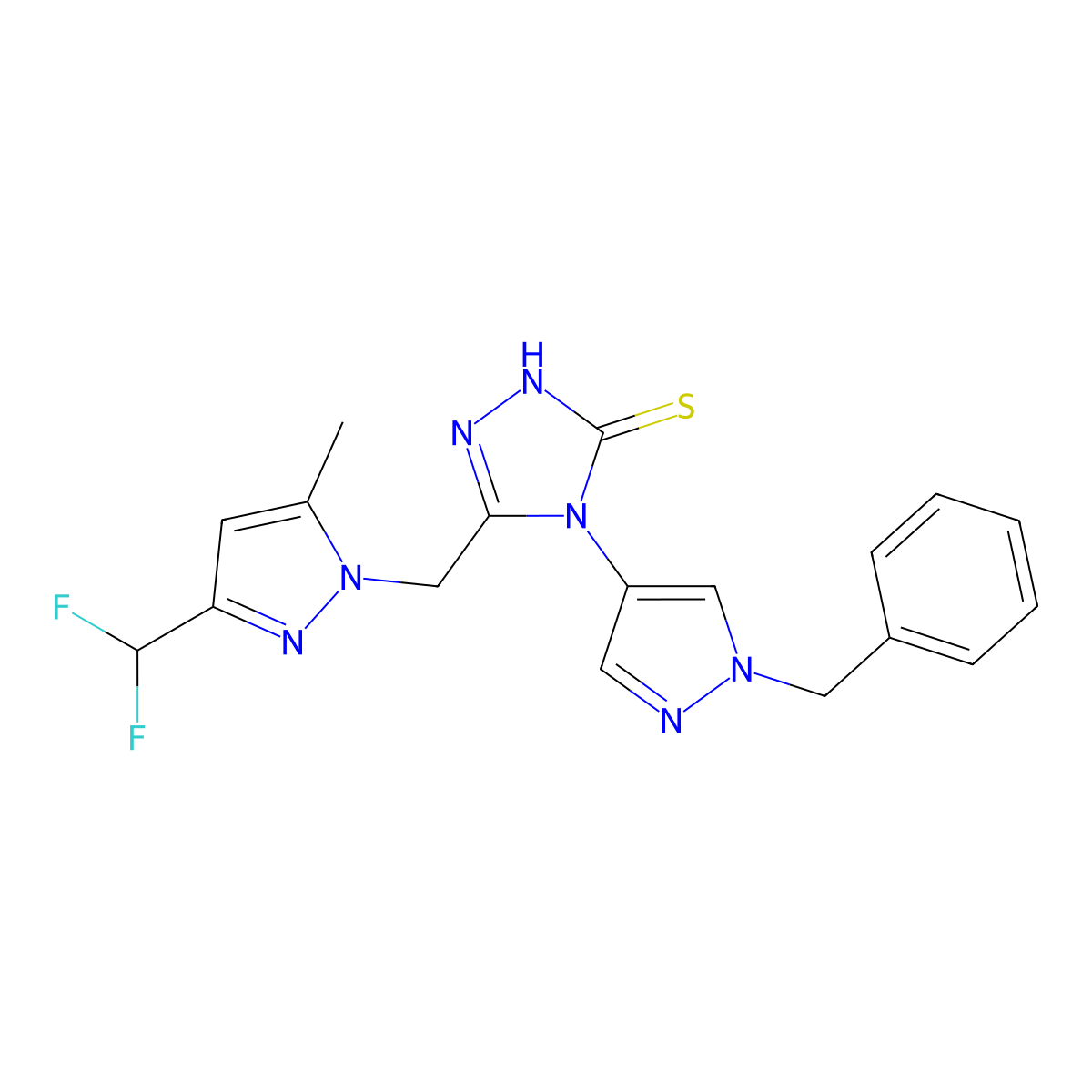 4-(1-benzyl-1H-pyrazol-4-yl)-5-{[3-(difluoromethyl)-5-methyl-1H-pyrazol-1-yl]methyl}-4H-1,2,4-triazole-3-thiol molecular structure, CAS 1005604-76-1