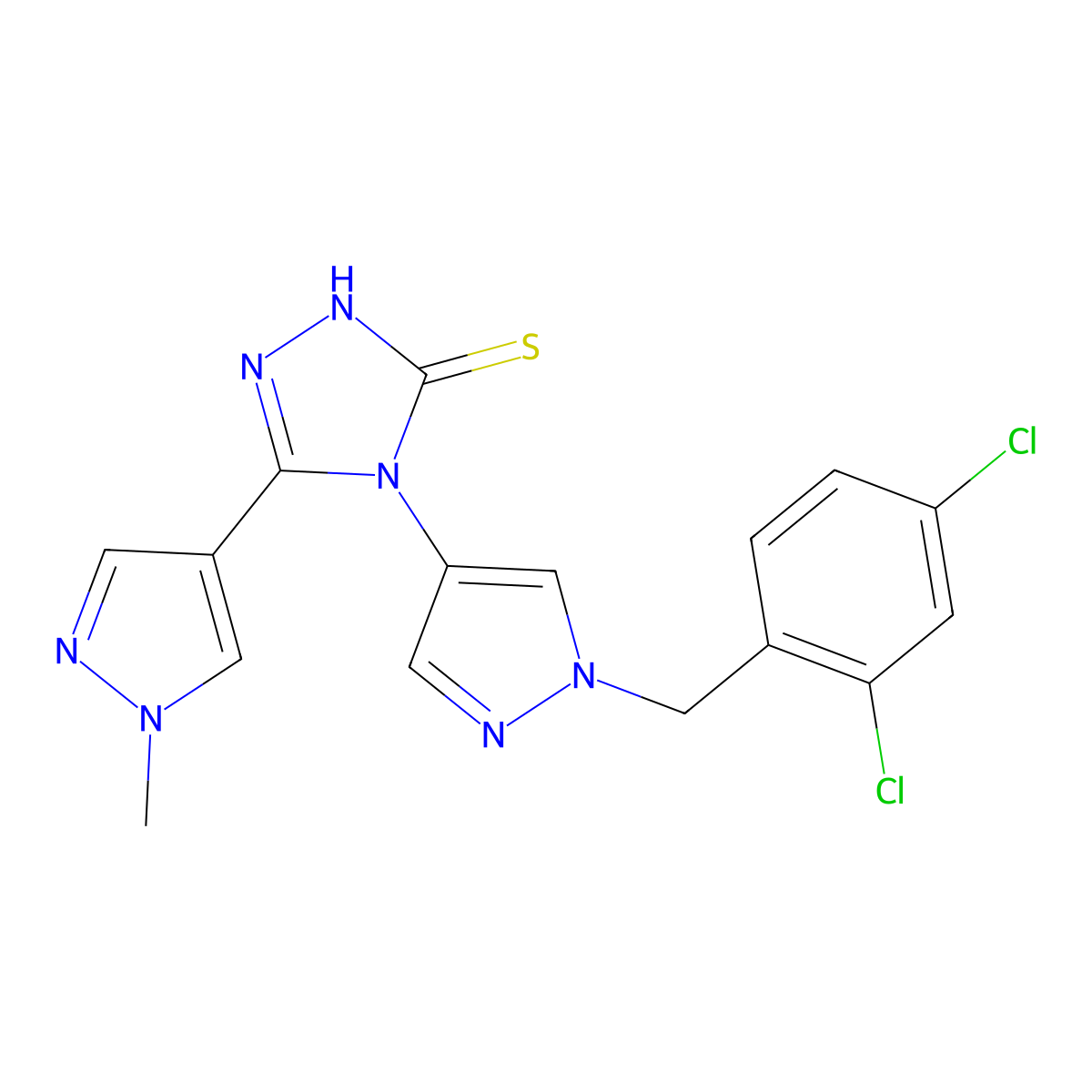 4-[1-(2,4-dichlorobenzyl)-1H-pyrazol-4-yl]-5-(1-methyl-1H-pyrazol-4-yl)-4H-1,2,4-triazole-3-thiol molecular structure, CAS 1005604-83-0