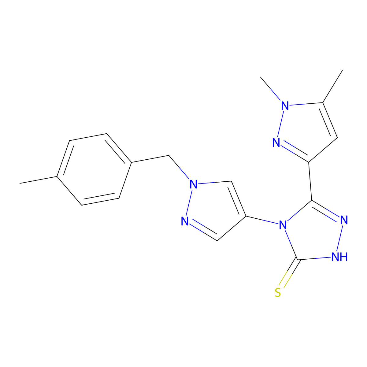 5-(1,5-dimethyl-1H-pyrazol-3-yl)-4-[1-(4-methylbenzyl)-1H-pyrazol-4-yl]-4H-1,2,4-triazole-3-thiol molecular structure, CAS 1005604-89-6