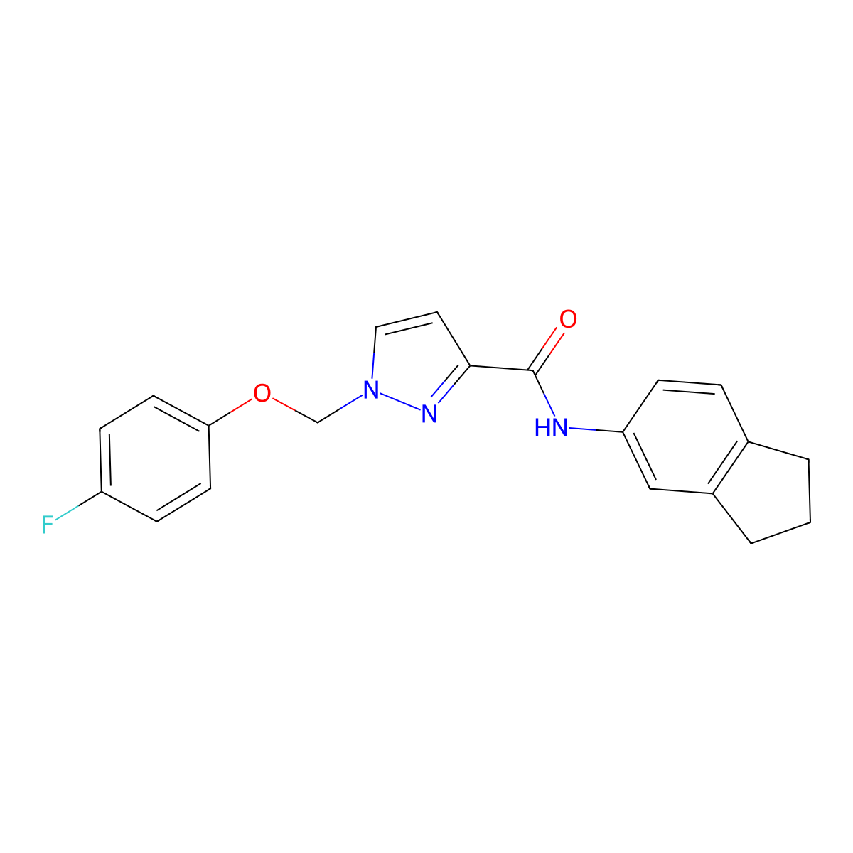 N-(2,3-dihydro-1H-inden-5-yl)-1-[(4-fluorophenoxy)methyl]pyrazole-3-carboxamide molecular structure, CAS 1005604-98-7