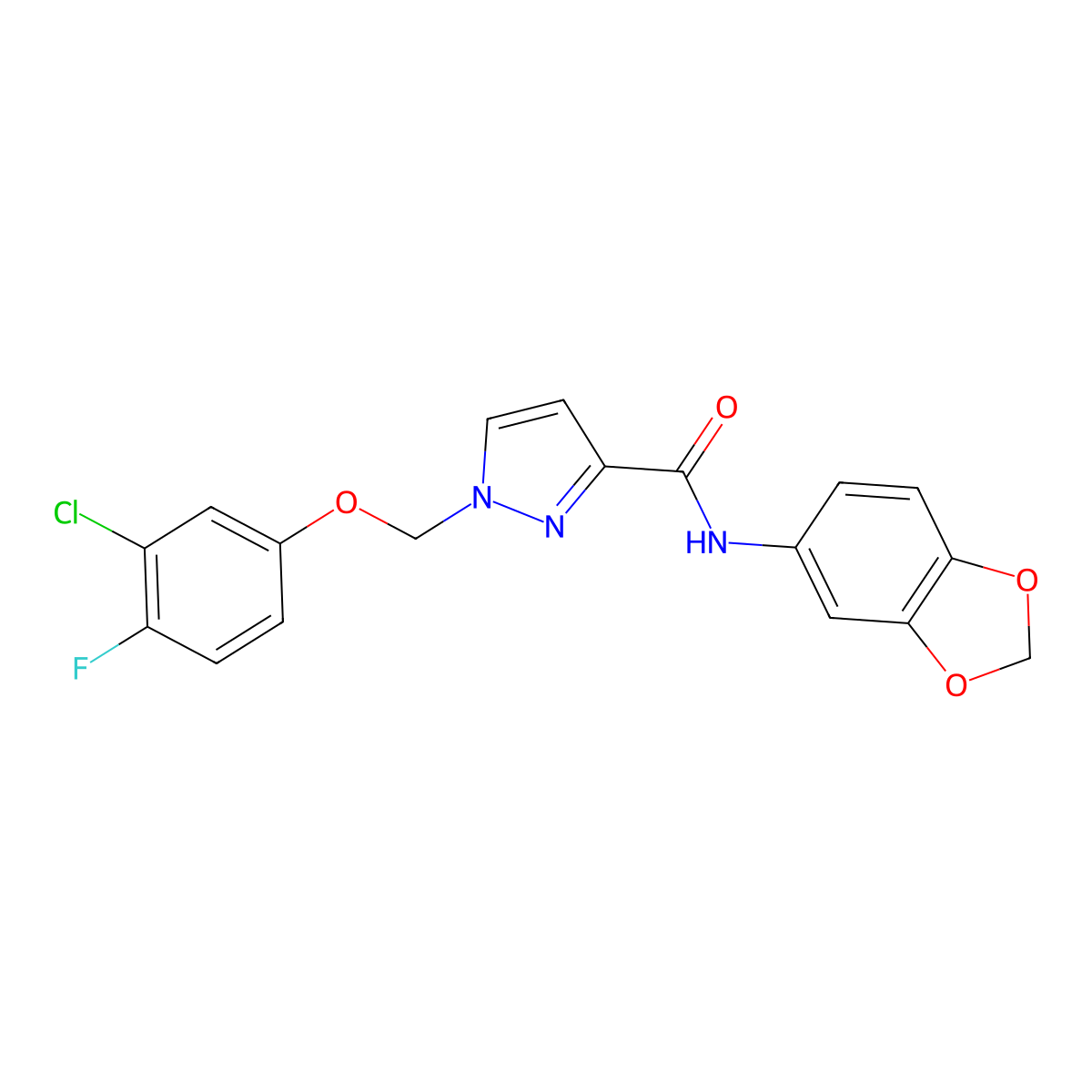 N-(1,3-benzodioxol-5-yl)-1-[(3-chloro-4-fluorophenoxy)methyl]pyrazole-3-carboxamide molecular structure, CAS 1005605-06-0
