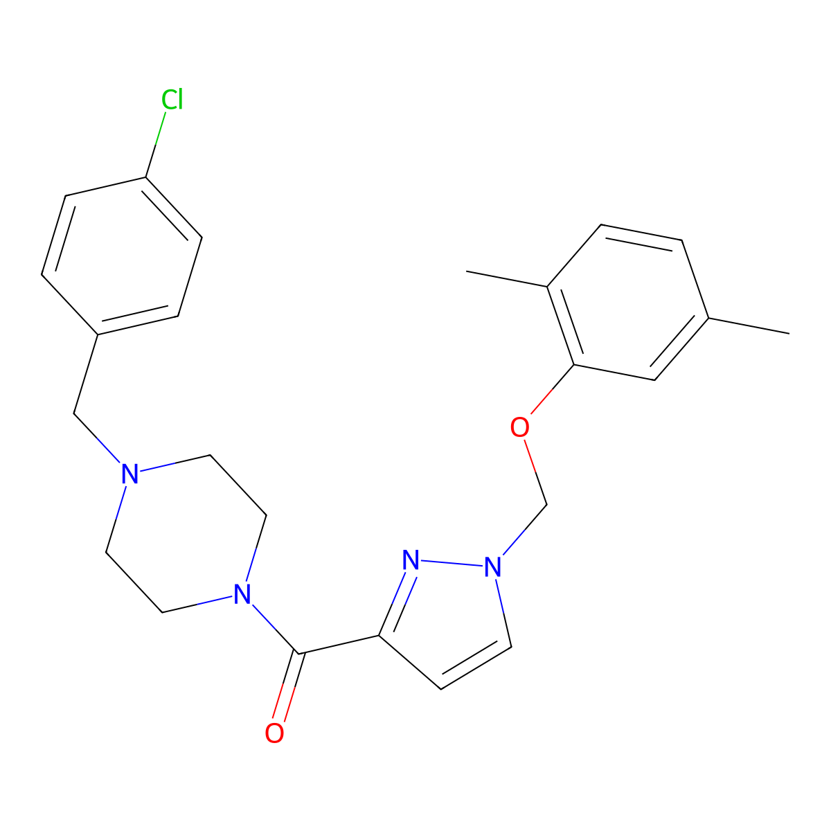 [4-[(4-Chlorophenyl)methyl]piperazin-1-yl]-[1-[(2,5-dimethylphenoxy)methyl]pyrazol-3-yl]methanone molecular structure, CAS 1005605-10-6