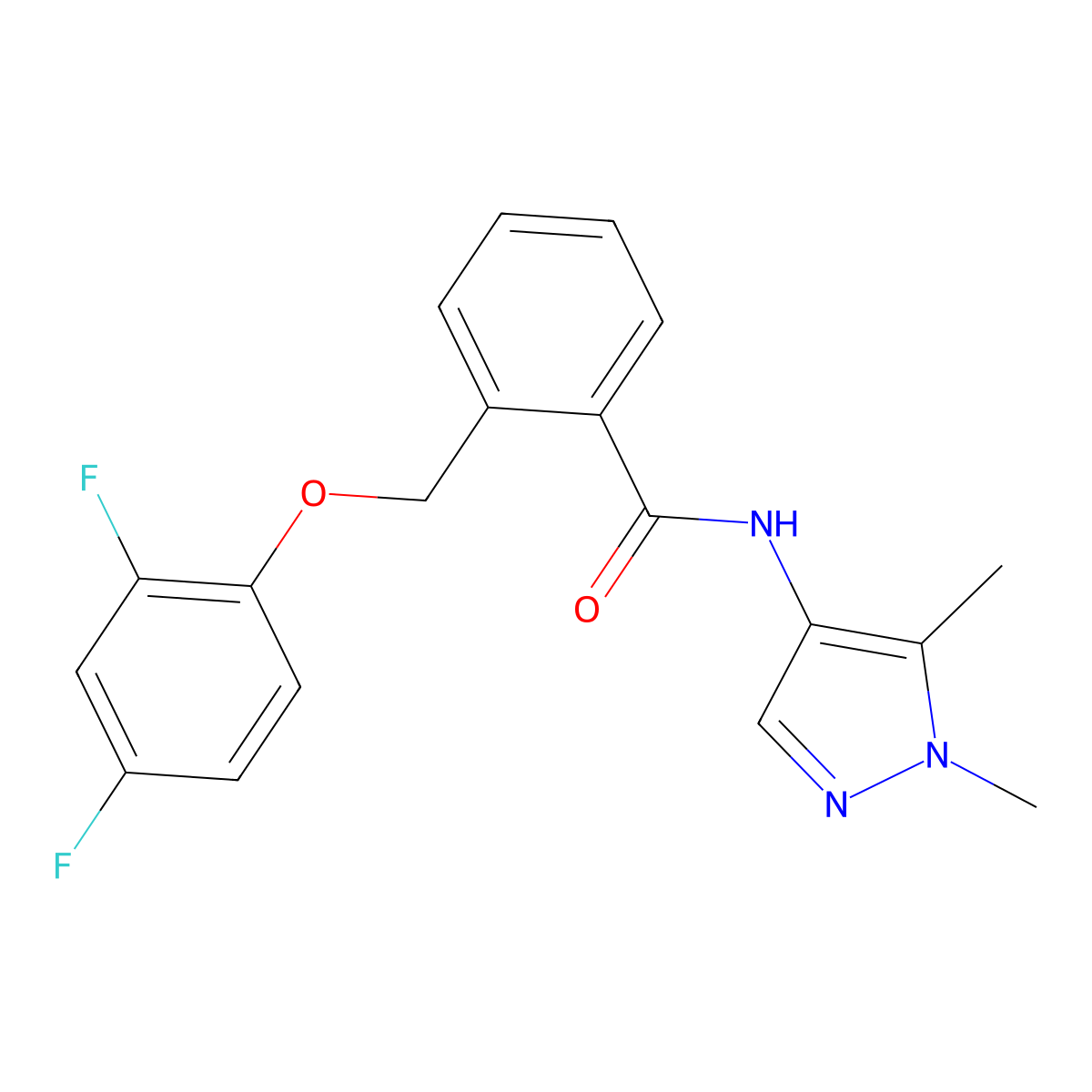2-[(2,4-difluorophenoxy)methyl]-N-(1,5-dimethylpyrazol-4-yl)benzamide molecular structure, CAS 1005605-38-8