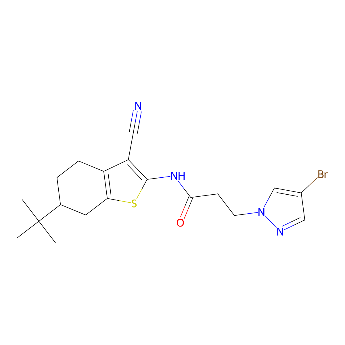 3-(4-bromopyrazol-1-yl)-N-(6-tert-butyl-3-cyano-4,5,6,7-tetrahydro-1-benzothiophen-2-yl)propanamide molecular structure, CAS 1005605-77-5