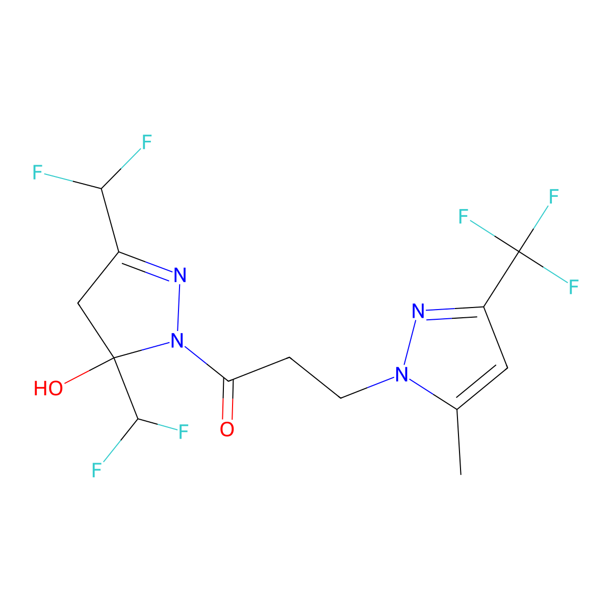 1-[3,5-bis(difluoromethyl)-5-hydroxy-4H-pyrazol-1-yl]-3-[5-methyl-3-(trifluoromethyl)pyrazol-1-yl]propan-1-one molecular structure, CAS 1005605-81-1